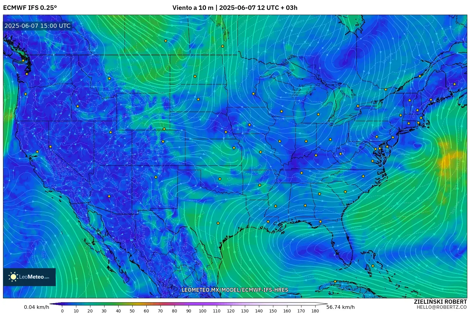 ECMWF IFS 0.25° model - Estados Unidos, Viento a 10 m ECMWF IFS 0.25° model - Estados Unidos, Viento a 10 m