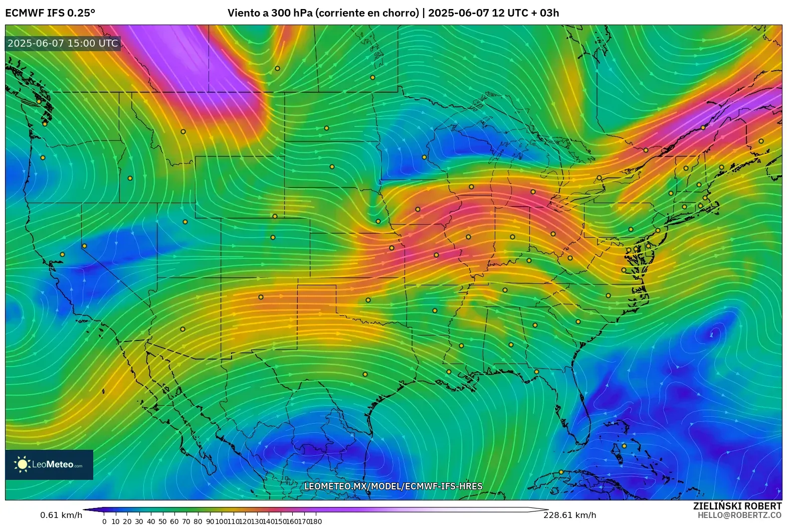 ECMWF IFS 0.25° model - Estados Unidos, Viento a 300 hPa (corriente en chorro) ECMWF IFS 0.25° model - Estados Unidos, Viento a 300 hPa (corriente en chorro)