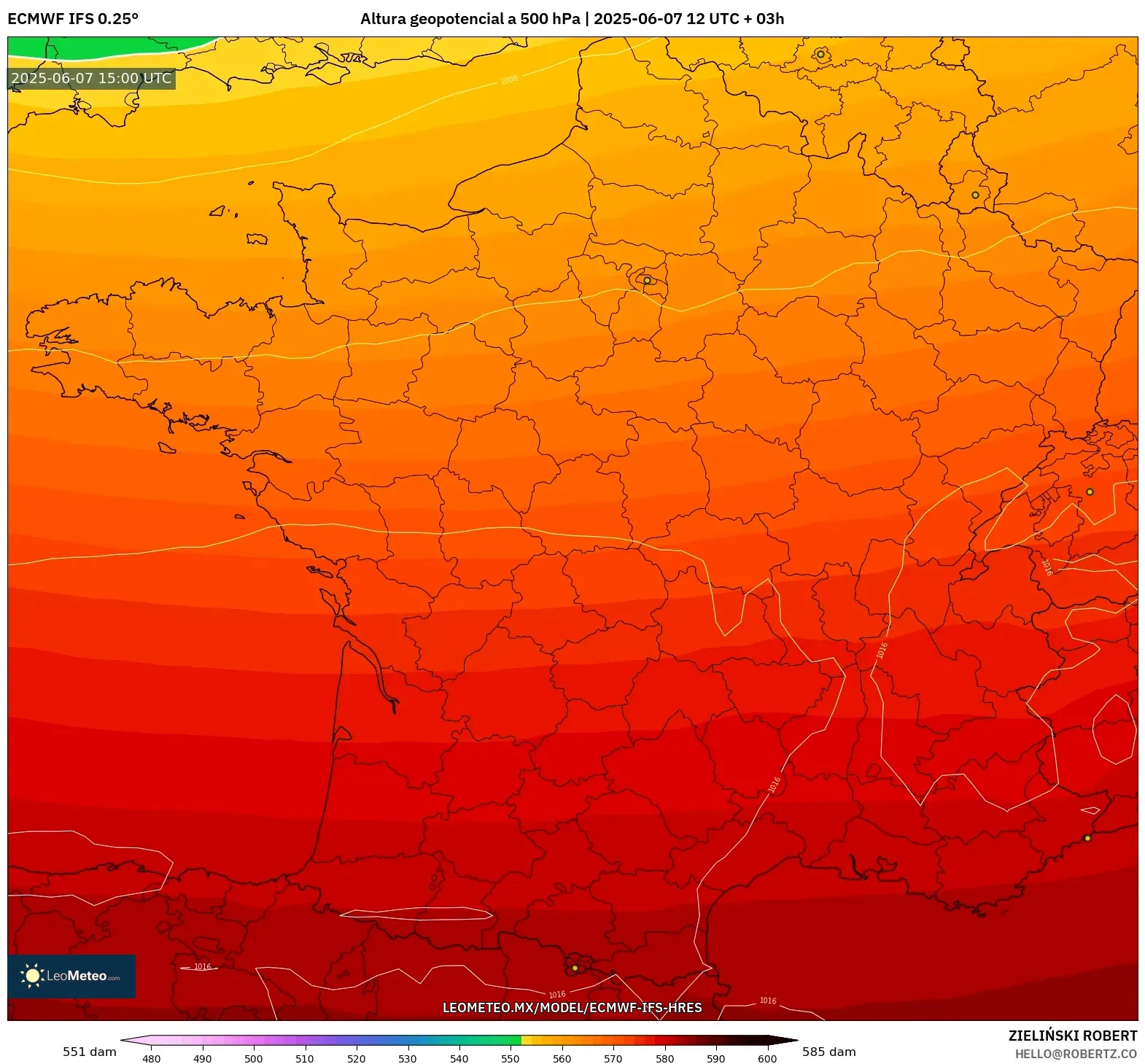 ECMWF IFS 0.25° model - Francia, Altura geopotencial a 500 hPa ECMWF IFS 0.25° model - Francia, Altura geopotencial a 500 hPa
