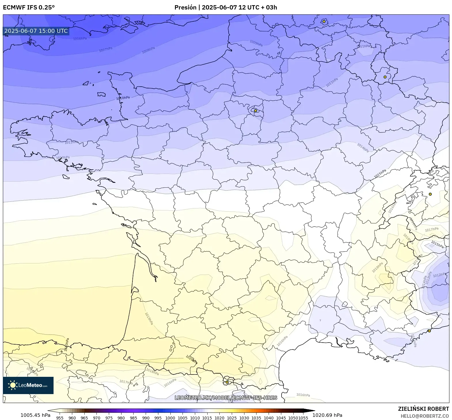 ECMWF IFS 0.25° model - Francia, Presión ECMWF IFS 0.25° model - Francia, Presión