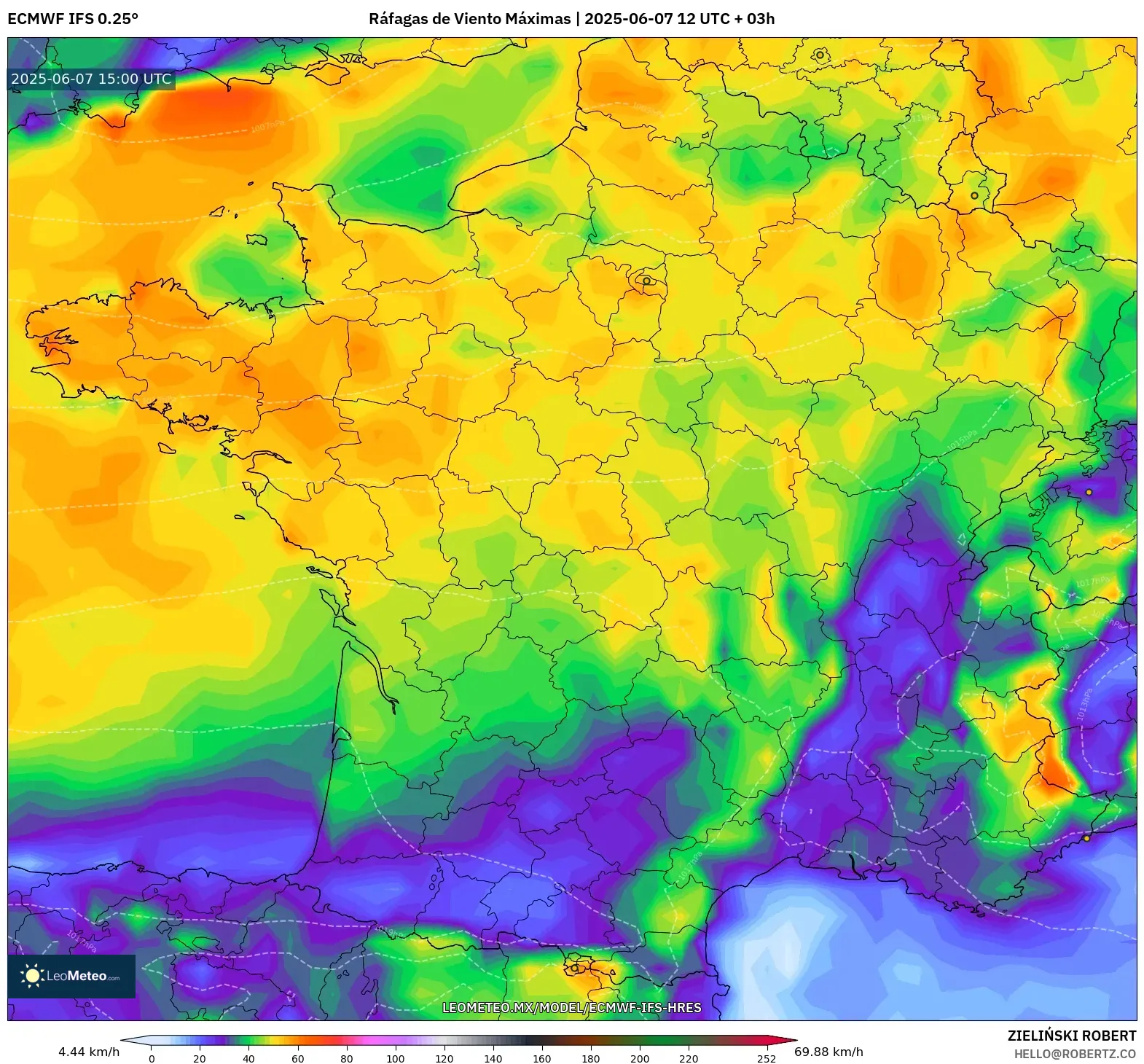 ECMWF IFS 0.25° model - Francia, Ráfagas de Viento Máximas ECMWF IFS 0.25° model - Francia, Ráfagas de Viento Máximas