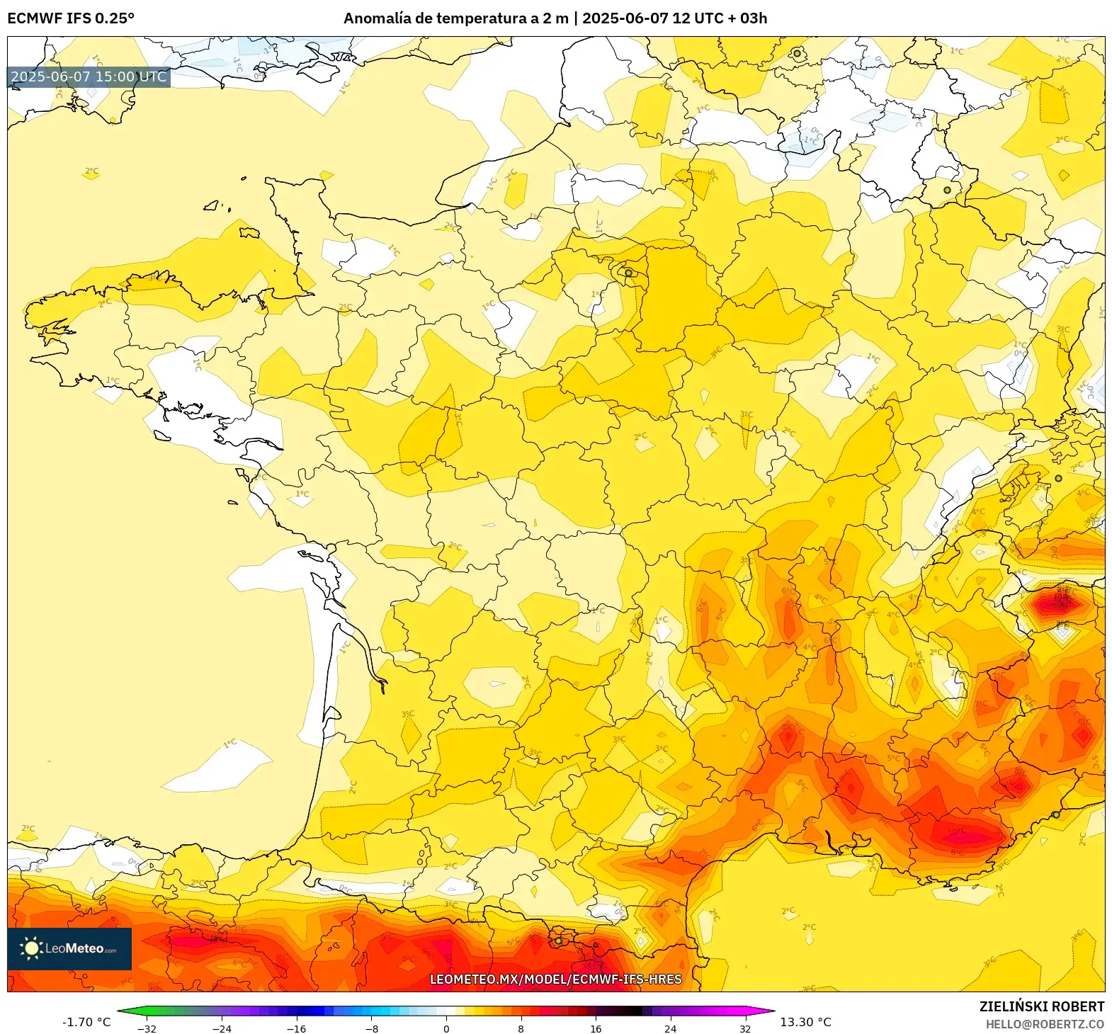 ECMWF IFS 0.25° model - Francia, Anomalía de temperatura a 2 m ECMWF IFS 0.25° model - Francia, Anomalía de temperatura a 2 m
