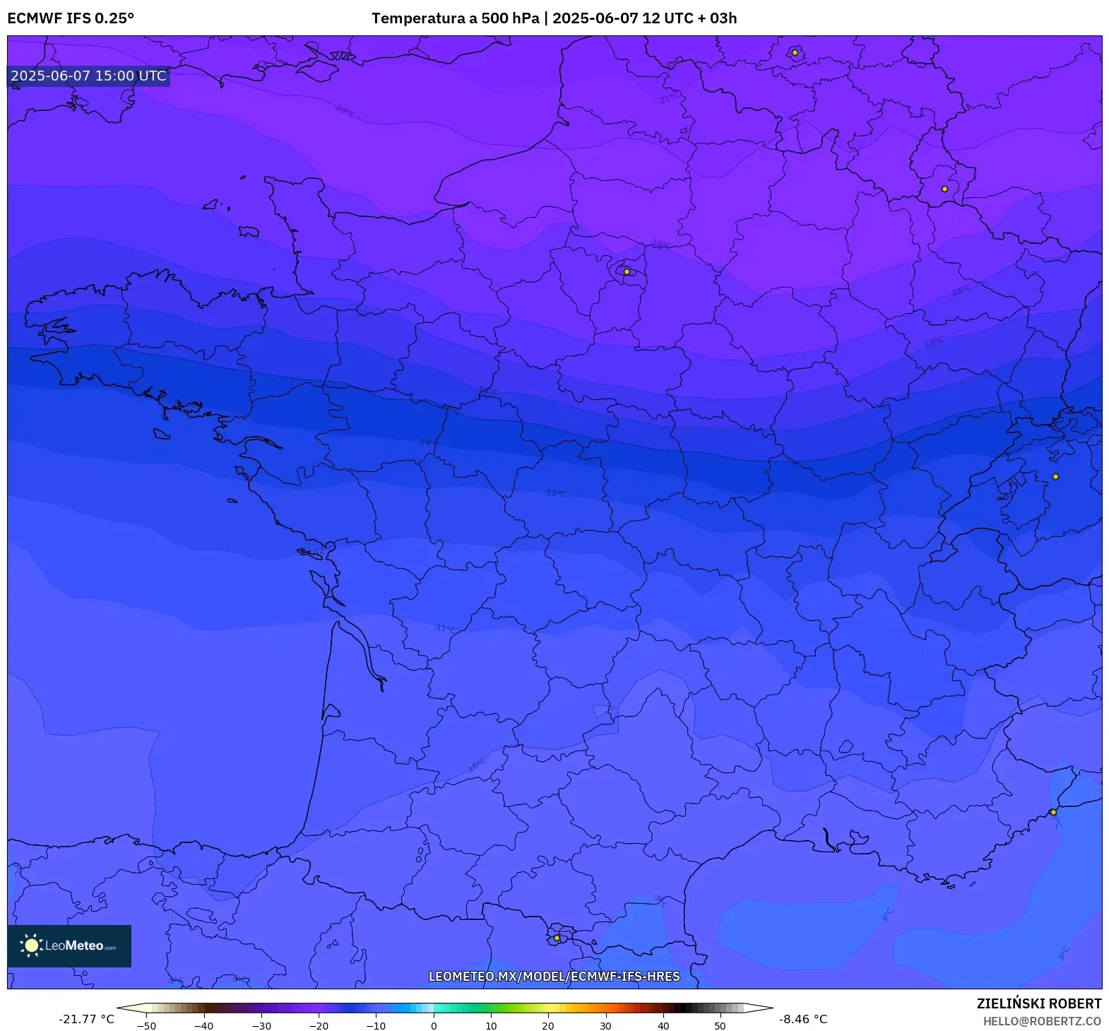 ECMWF IFS 0.25° model - Francia, Temperatura a 500 hPa