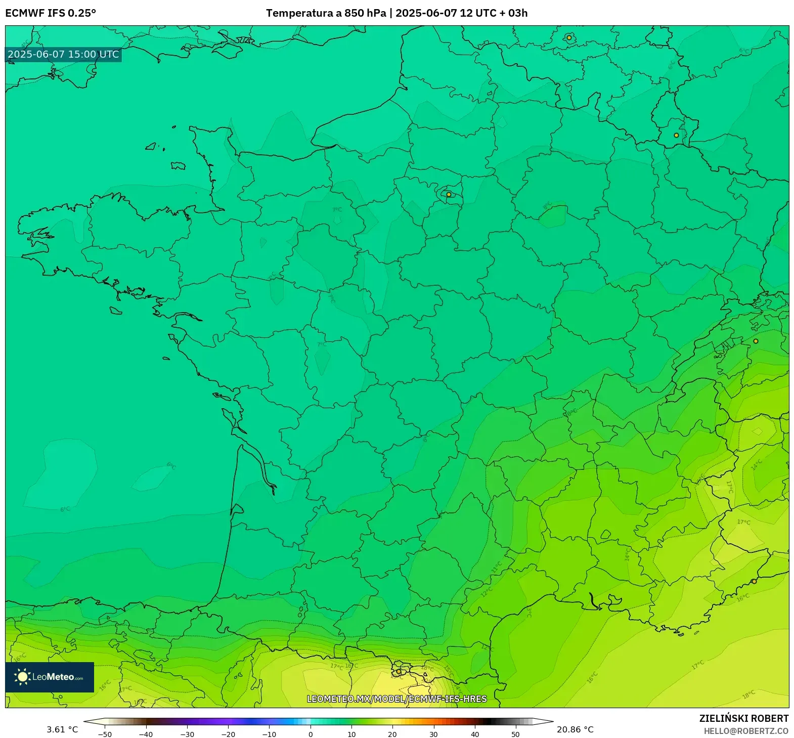 ECMWF IFS 0.25° model - Francia, Temperatura a 850 hPa