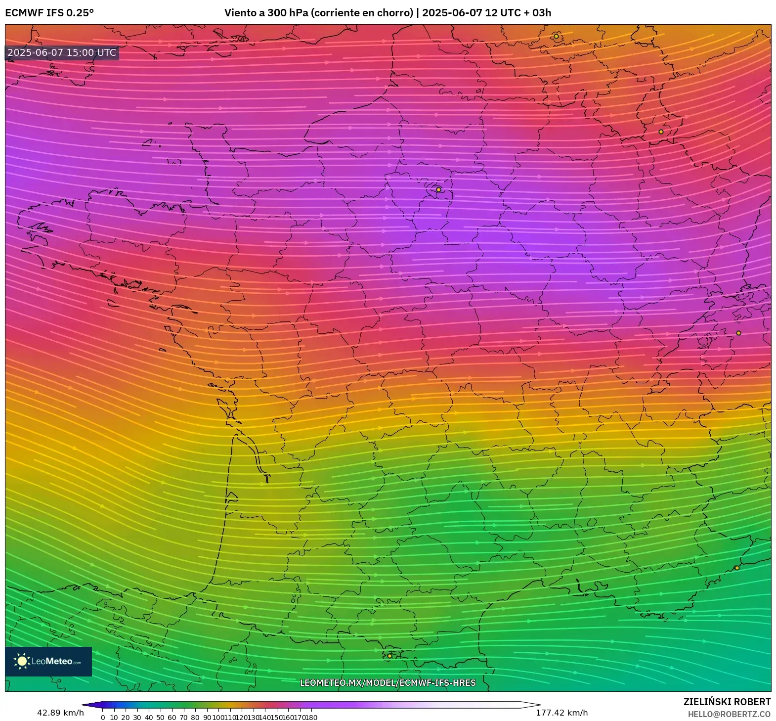 ECMWF IFS 0.25° model - Francia, Viento a 300 hPa (corriente en chorro) ECMWF IFS 0.25° model - Francia, Viento a 300 hPa (corriente en chorro)