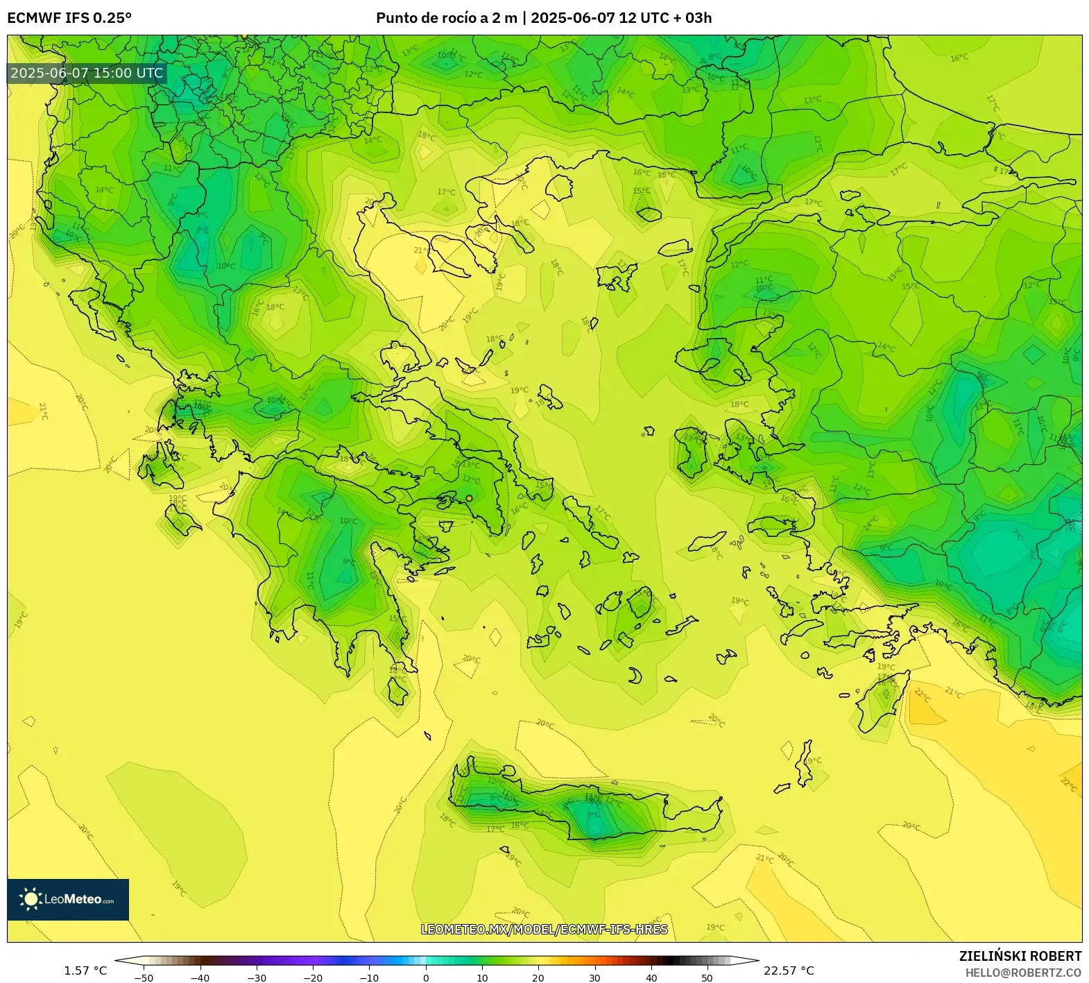 ECMWF IFS 0.25° model - Grecia, Punto de rocío a 2 m ECMWF IFS 0.25° model - Grecia, Punto de rocío a 2 m