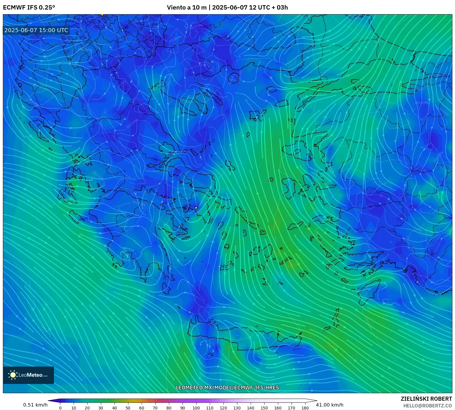 ECMWF IFS 0.25° model - Grecia, Viento a 10 m