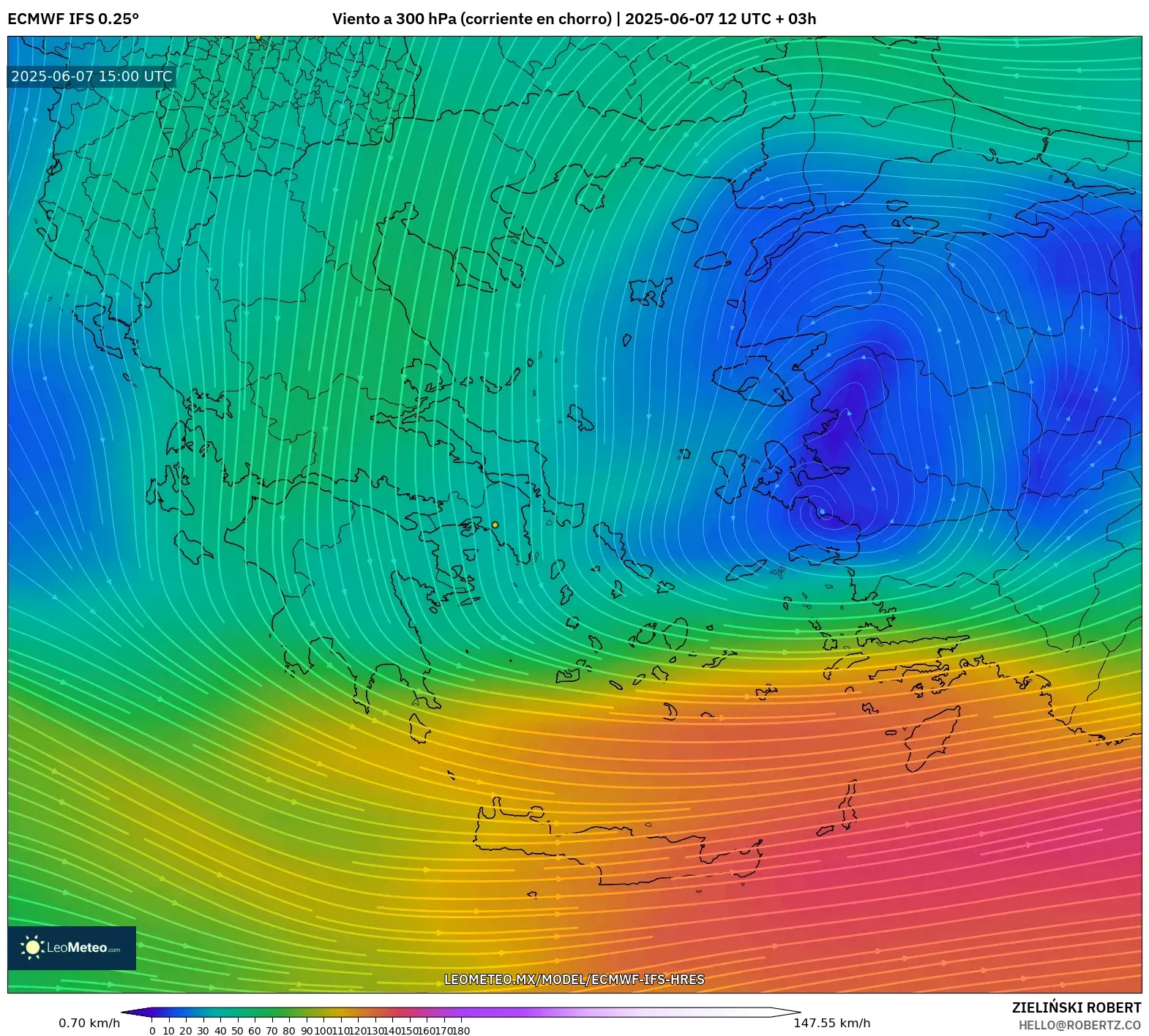 ECMWF IFS 0.25° model - Grecia, Viento a 300 hPa (corriente en chorro) ECMWF IFS 0.25° model - Grecia, Viento a 300 hPa (corriente en chorro)