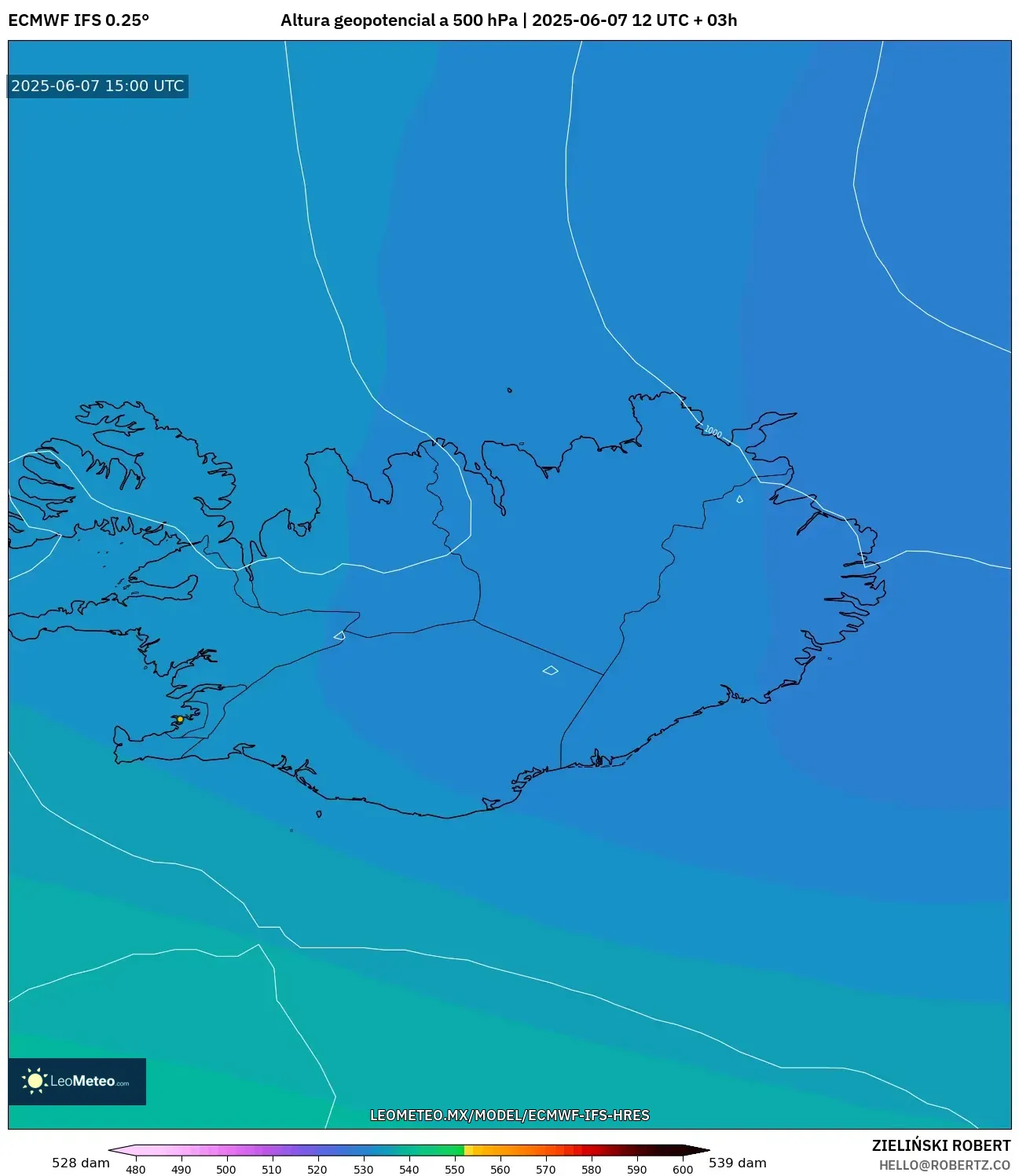 ECMWF IFS 0.25° model - Islandia, Altura geopotencial a 500 hPa ECMWF IFS 0.25° model - Islandia, Altura geopotencial a 500 hPa