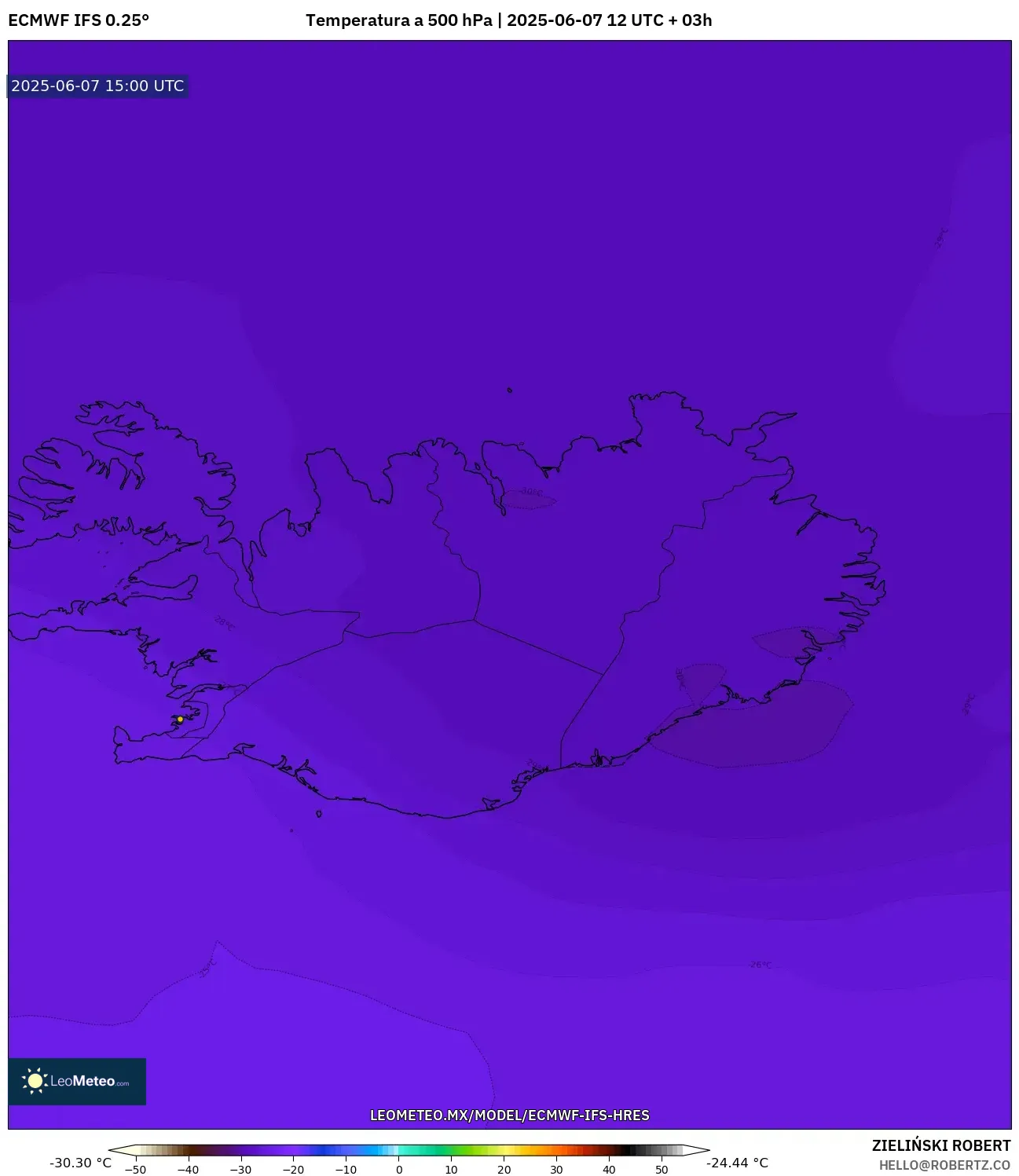 ECMWF IFS 0.25° model - Islandia, Temperatura a 500 hPa ECMWF IFS 0.25° model - Islandia, Temperatura a 500 hPa