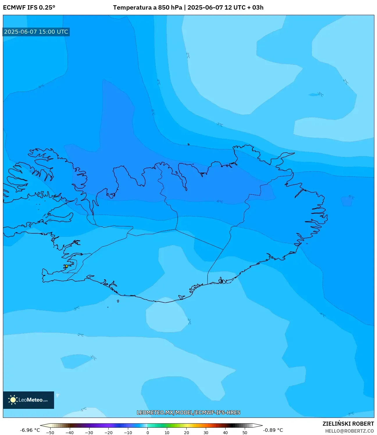 ECMWF IFS 0.25° model - Islandia, Temperatura a 850 hPa ECMWF IFS 0.25° model - Islandia, Temperatura a 850 hPa