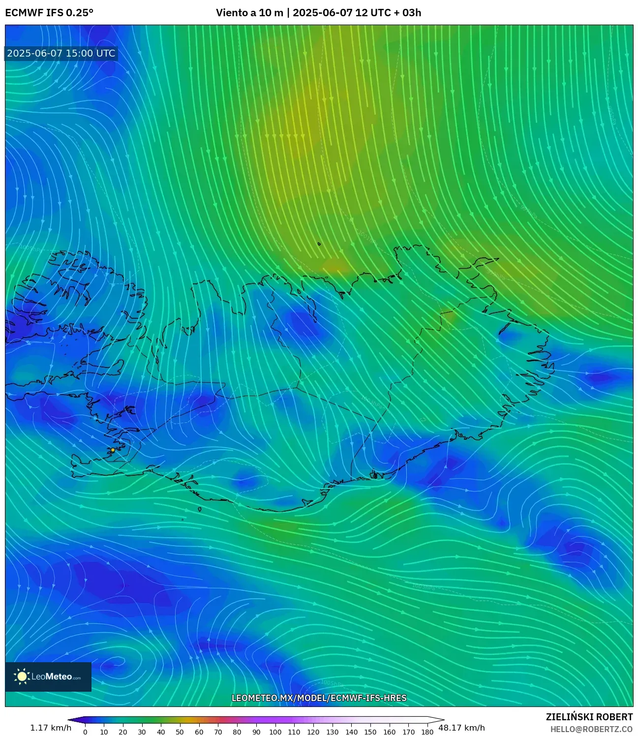ECMWF IFS 0.25° model - Islandia, Viento a 10 m