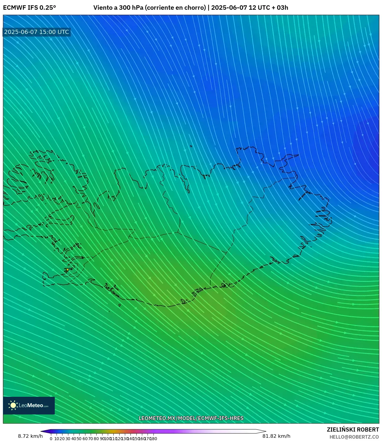 ECMWF IFS 0.25° model - Islandia, Viento a 300 hPa (corriente en chorro) ECMWF IFS 0.25° model - Islandia, Viento a 300 hPa (corriente en chorro)