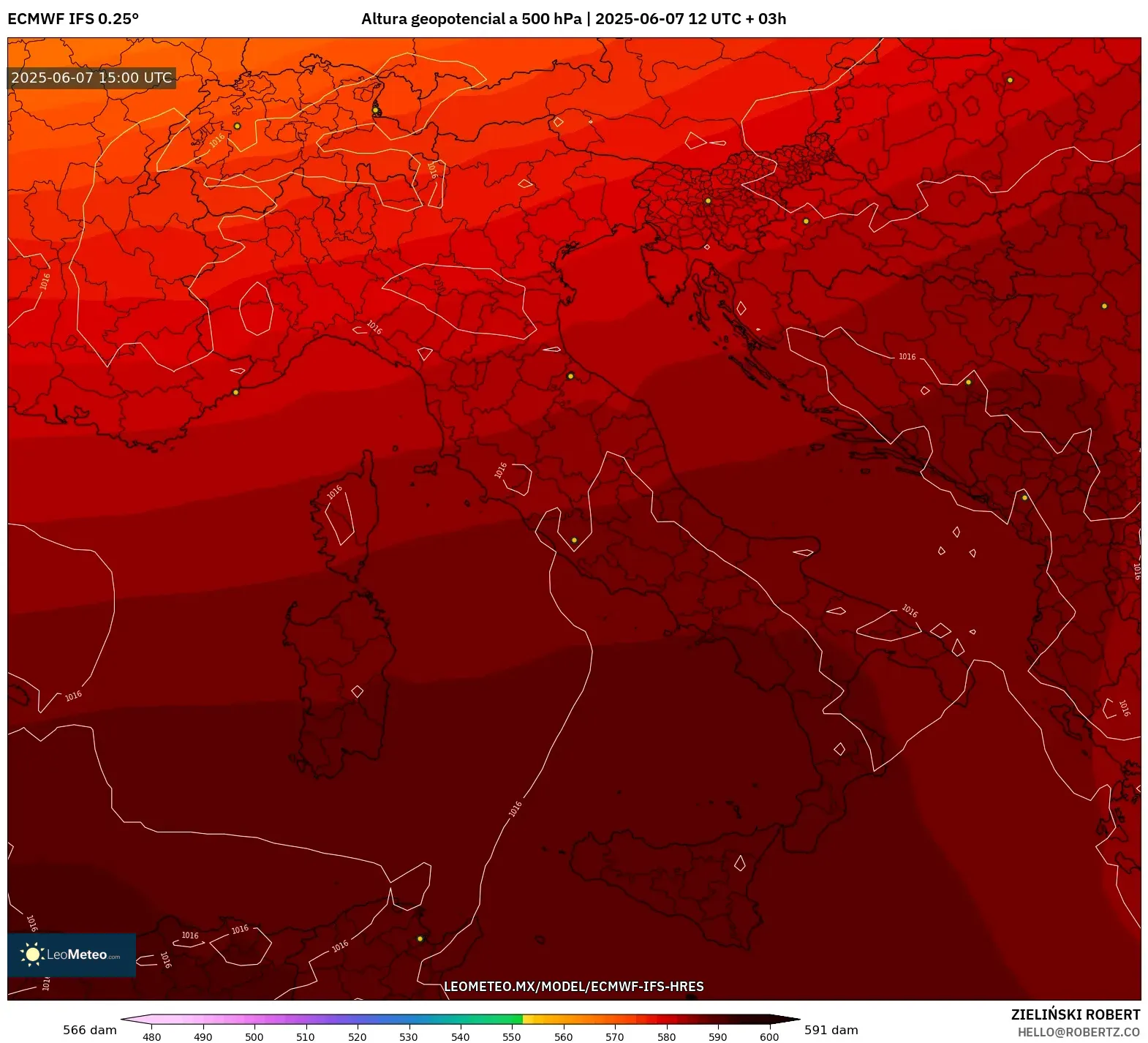 ECMWF IFS 0.25° model - Italia, Altura geopotencial a 500 hPa