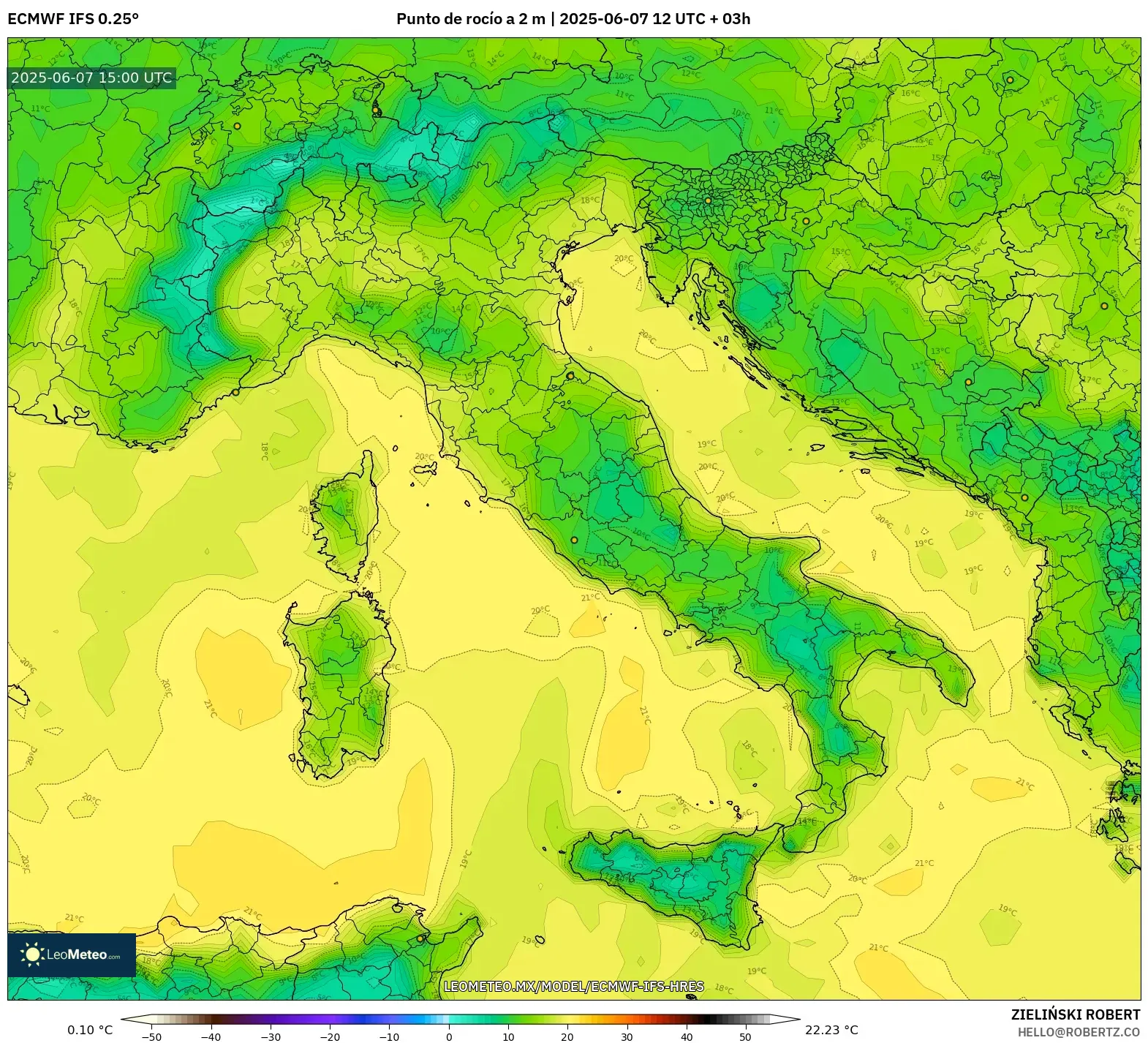 ECMWF IFS 0.25° model - Italia, Punto de rocío a 2 m ECMWF IFS 0.25° model - Italia, Punto de rocío a 2 m