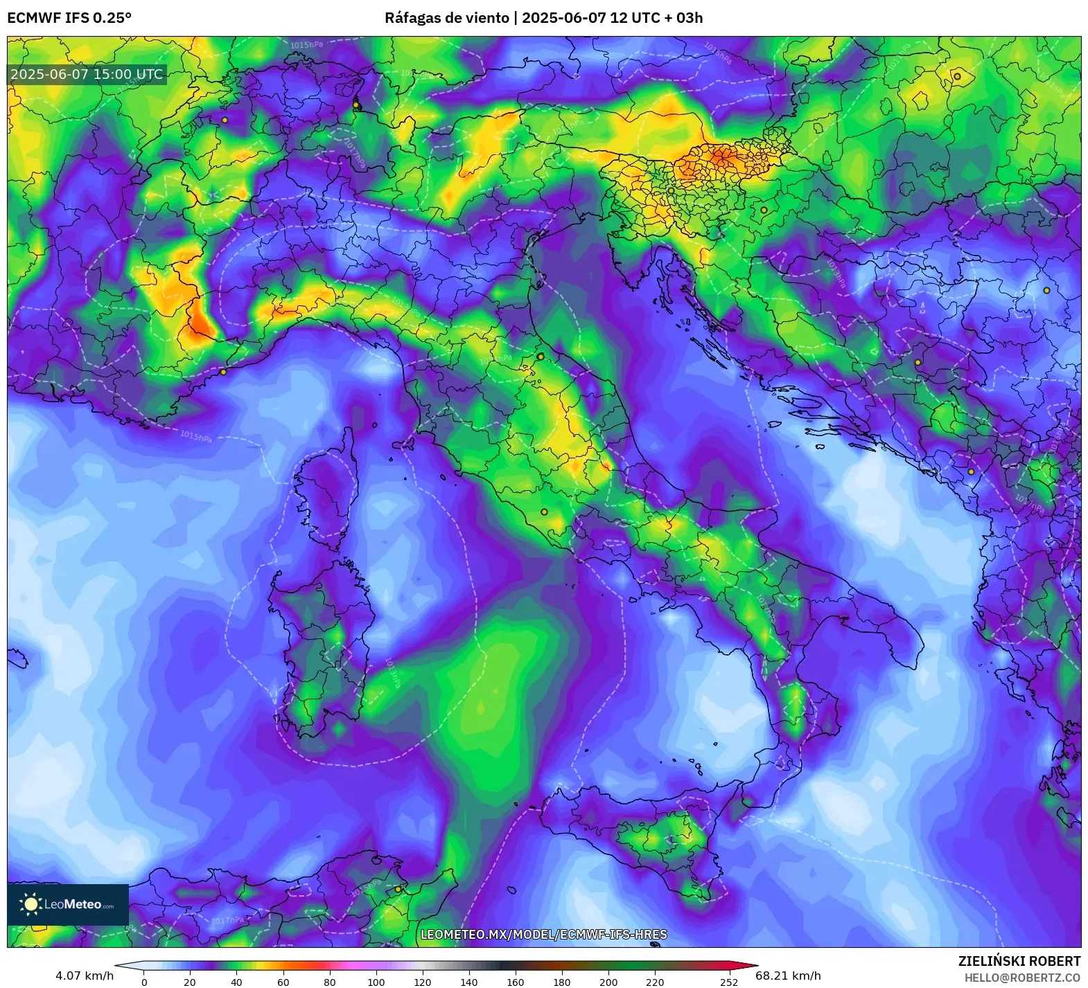 ECMWF IFS 0.25° model - Italia, Ráfagas de viento
