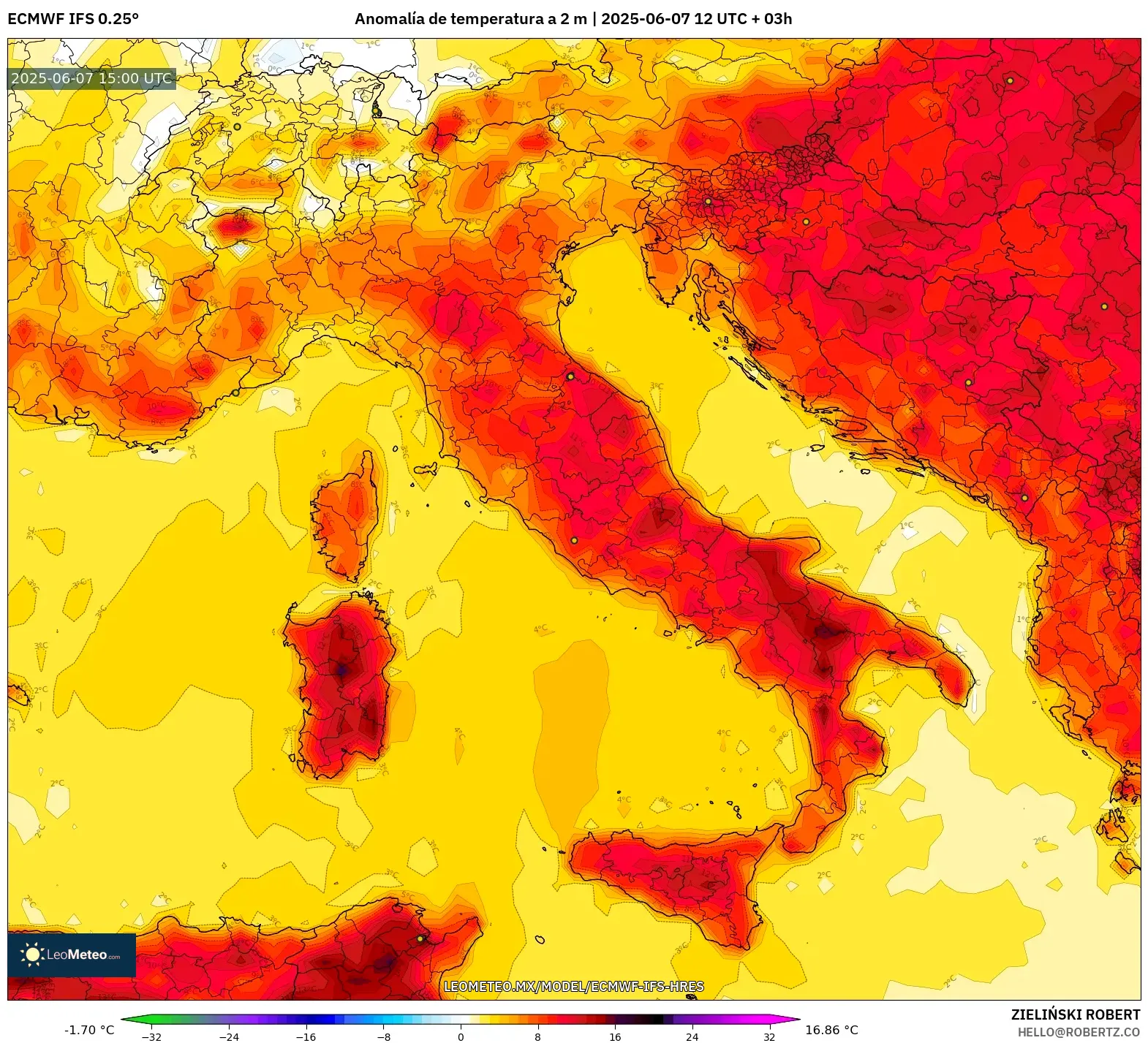 ECMWF IFS 0.25° model - Italia, Anomalía de temperatura a 2 m ECMWF IFS 0.25° model - Italia, Anomalía de temperatura a 2 m