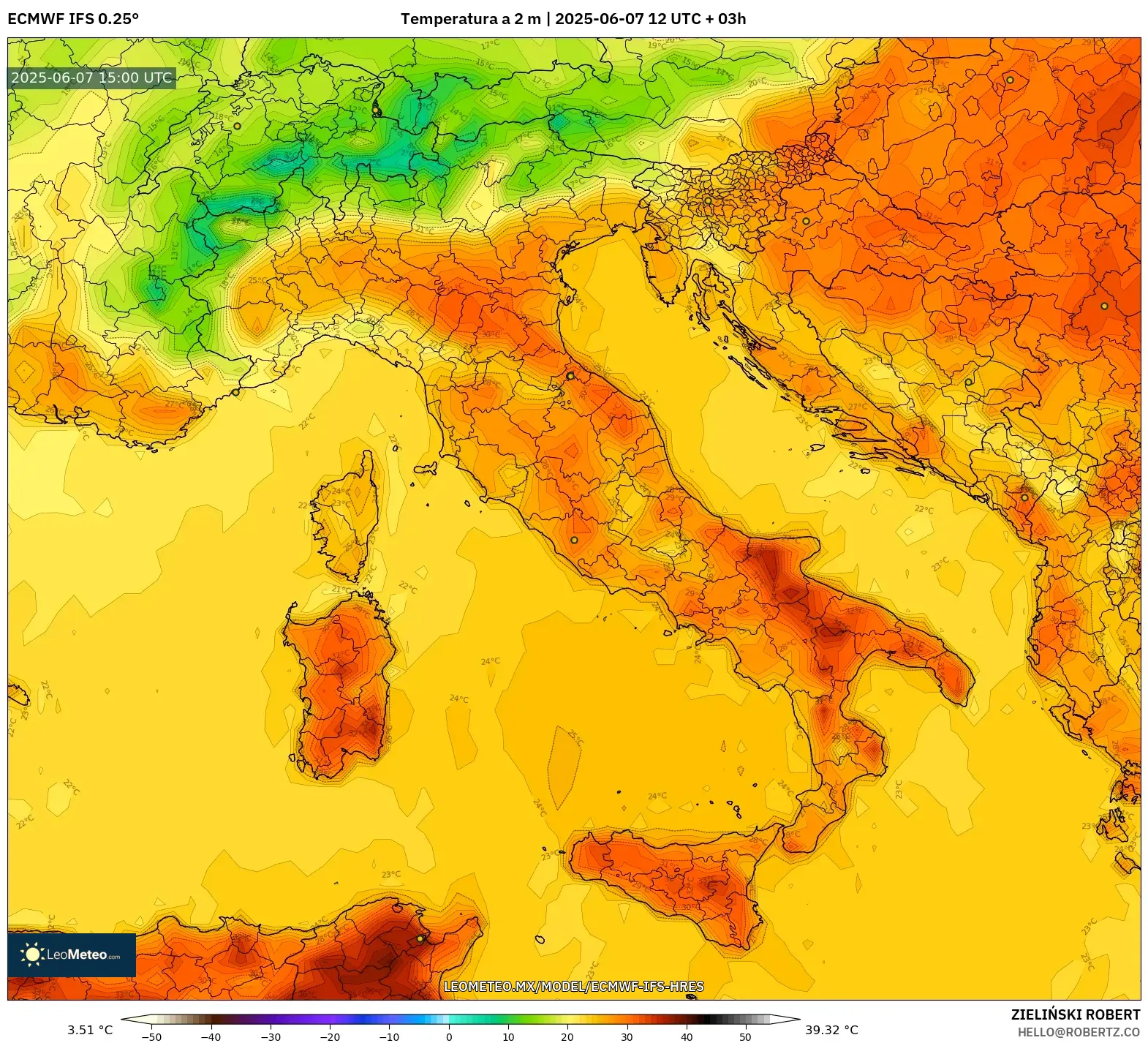 ECMWF IFS 0.25° model - Italia, Temperatura a 2 m