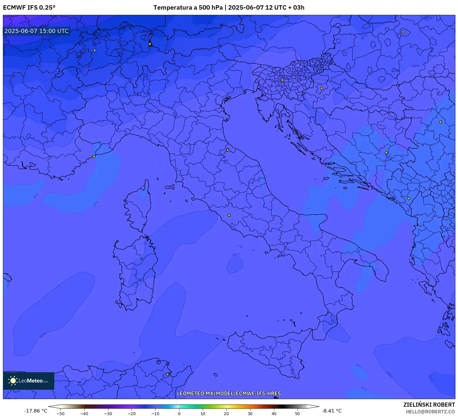 ECMWF IFS 0.25° model - Italia, Temperatura a 500 hPa ECMWF IFS 0.25° model - Italia, Temperatura a 500 hPa