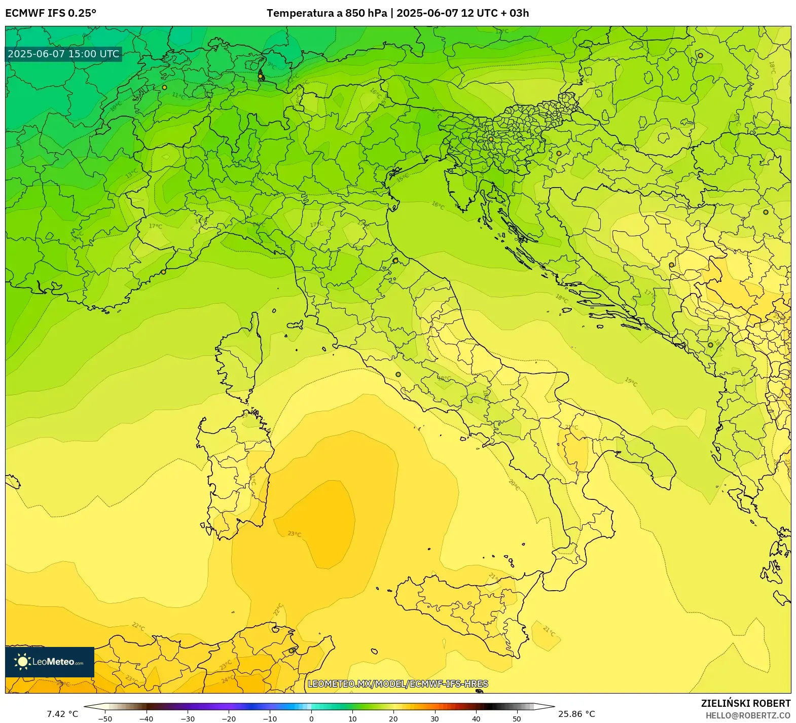 ECMWF IFS 0.25° model - Italia, Temperatura a 850 hPa ECMWF IFS 0.25° model - Italia, Temperatura a 850 hPa