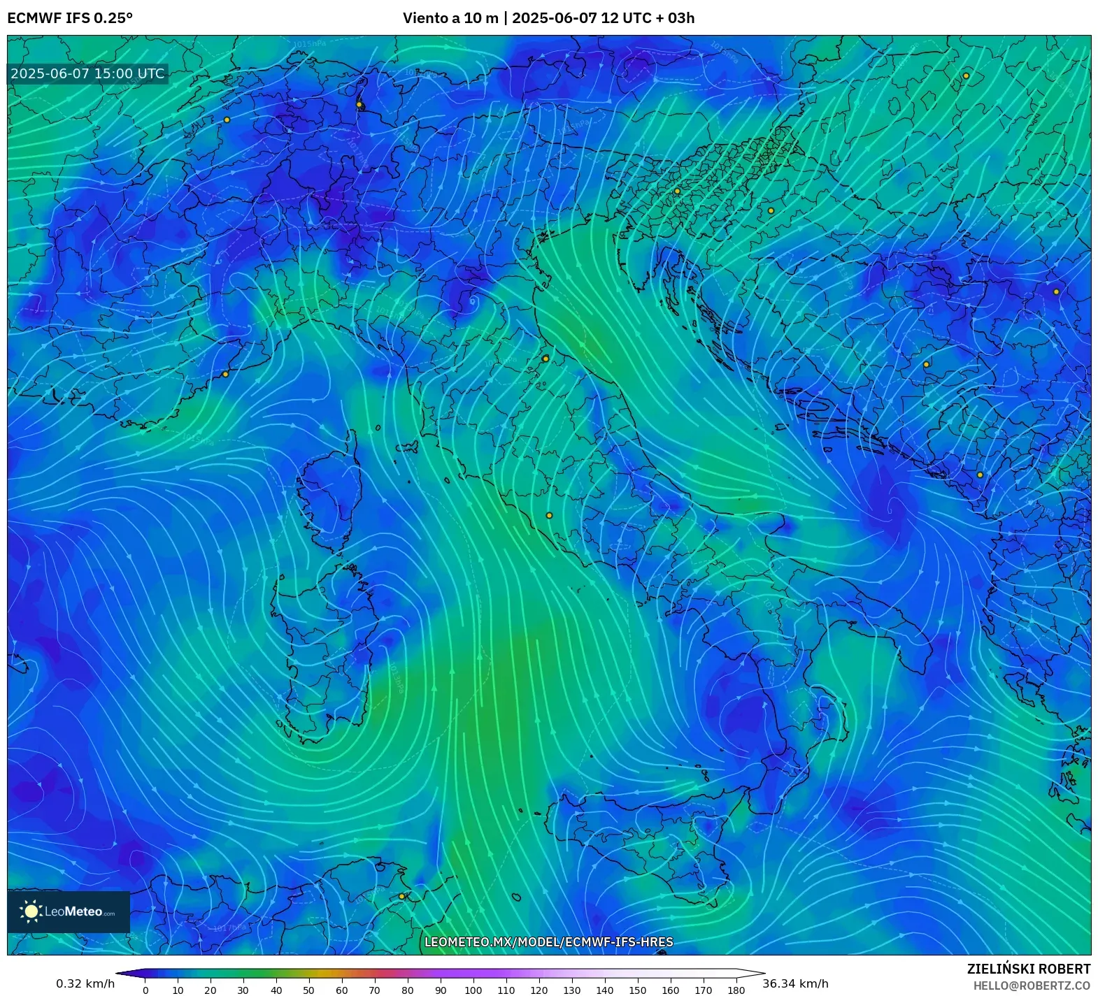 ECMWF IFS 0.25° model - Italia, Viento a 10 m ECMWF IFS 0.25° model - Italia, Viento a 10 m