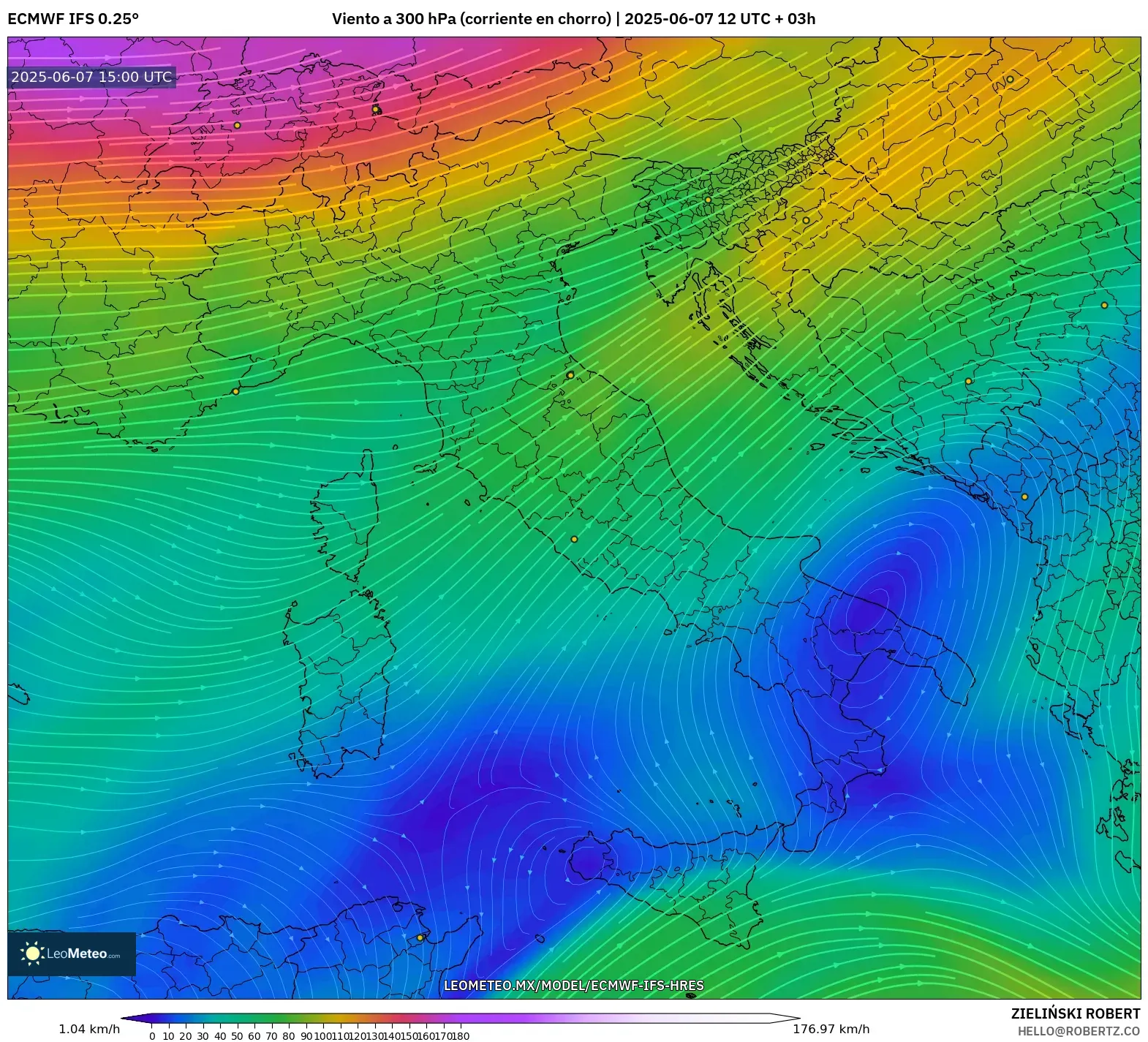 ECMWF IFS 0.25° model - Italia, Viento a 300 hPa (corriente en chorro) ECMWF IFS 0.25° model - Italia, Viento a 300 hPa (corriente en chorro)
