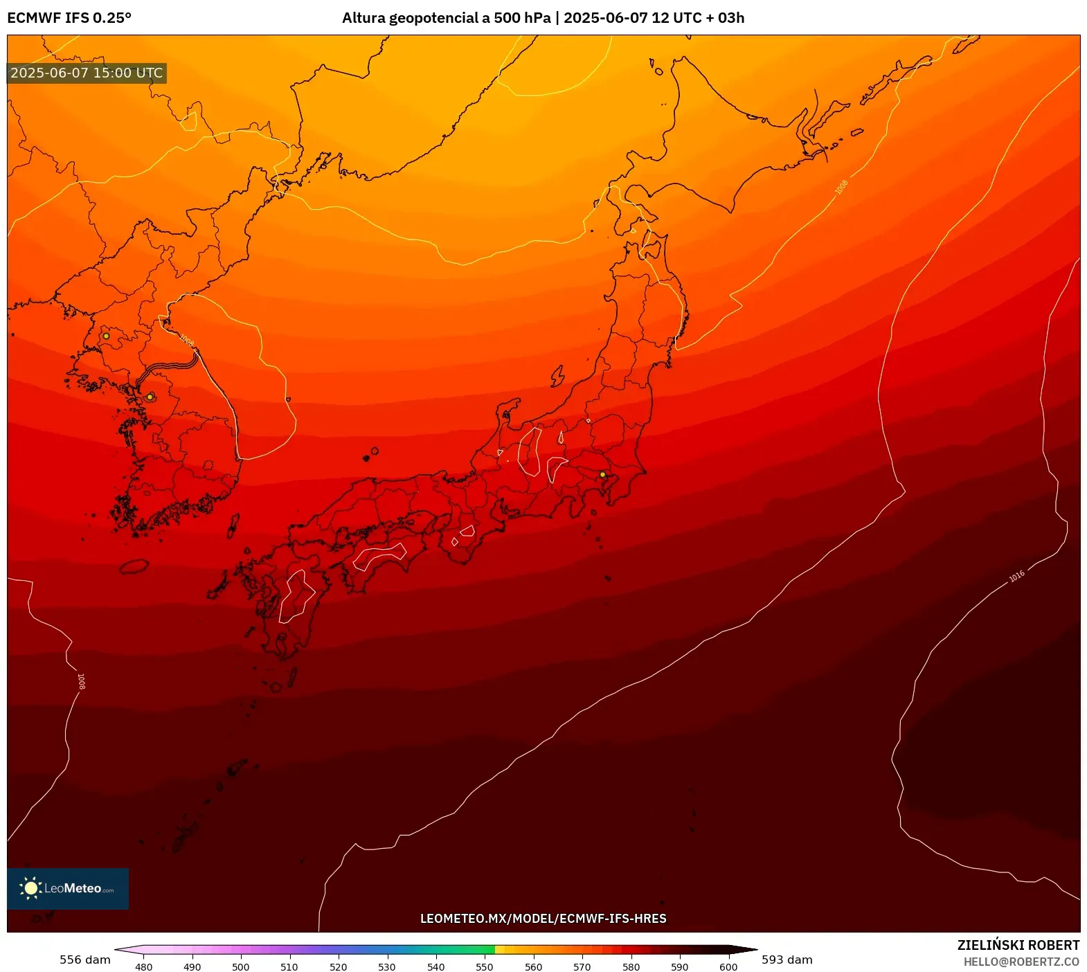 ECMWF IFS 0.25° model - Japón, Altura geopotencial a 500 hPa ECMWF IFS 0.25° model - Japón, Altura geopotencial a 500 hPa
