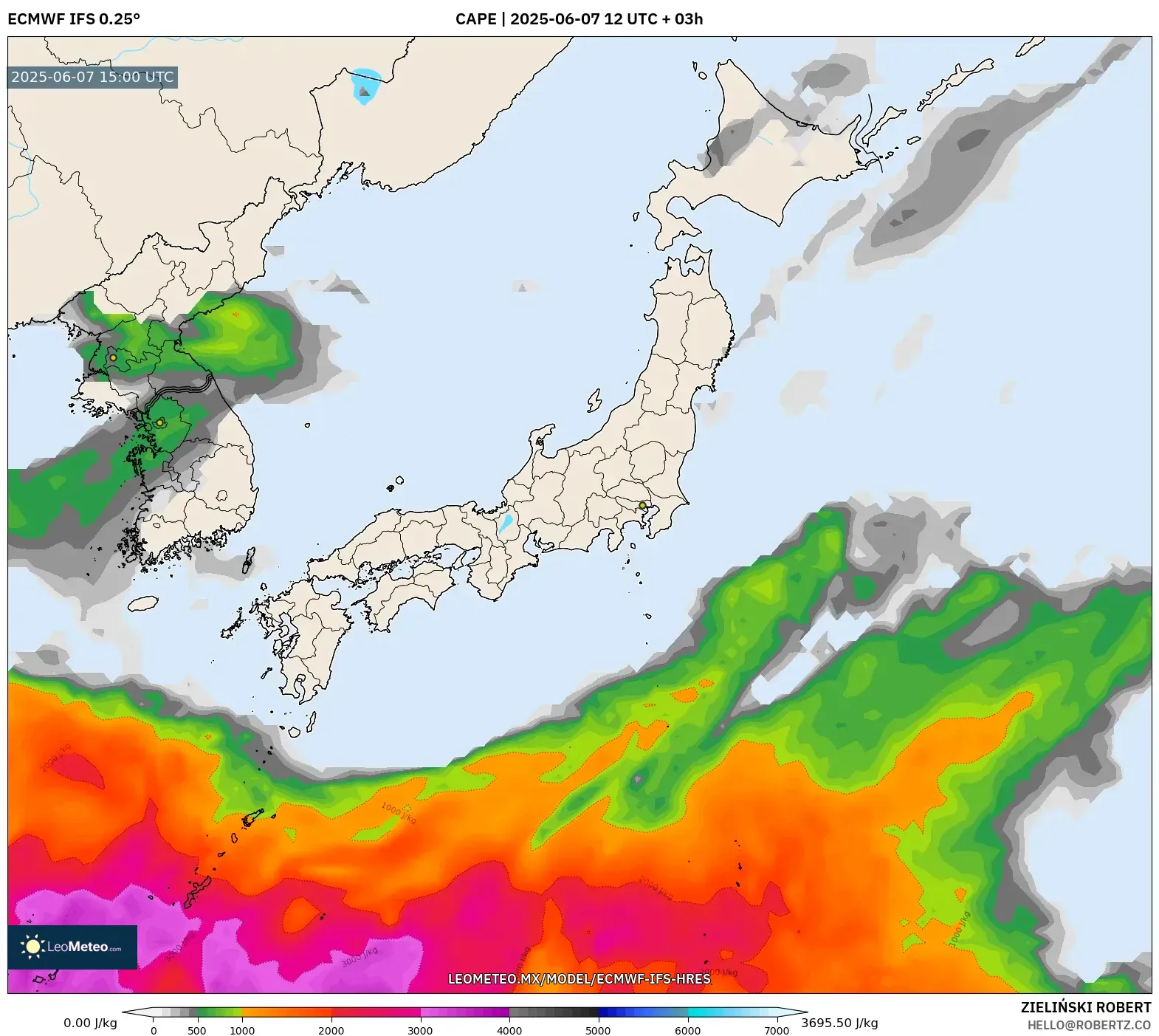 ECMWF IFS 0.25° model - Japón, CAPE ECMWF IFS 0.25° model - Japón, CAPE