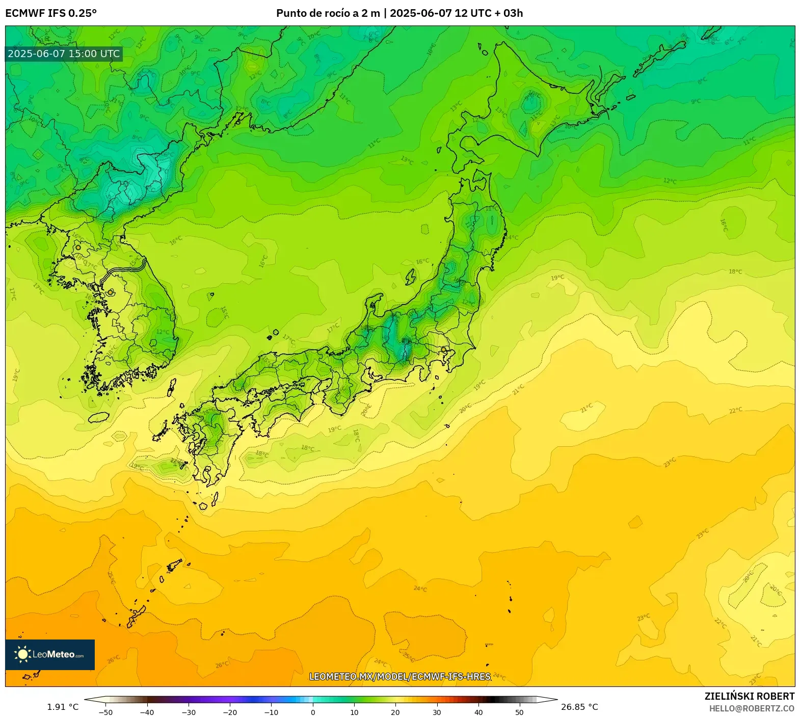 ECMWF IFS 0.25° model - Japón, Punto de rocío a 2 m ECMWF IFS 0.25° model - Japón, Punto de rocío a 2 m