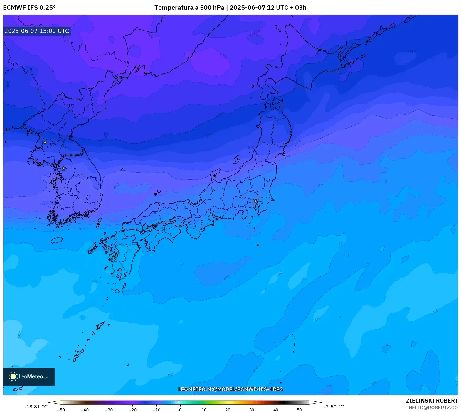 ECMWF IFS 0.25° model - Japón, Temperatura a 500 hPa ECMWF IFS 0.25° model - Japón, Temperatura a 500 hPa