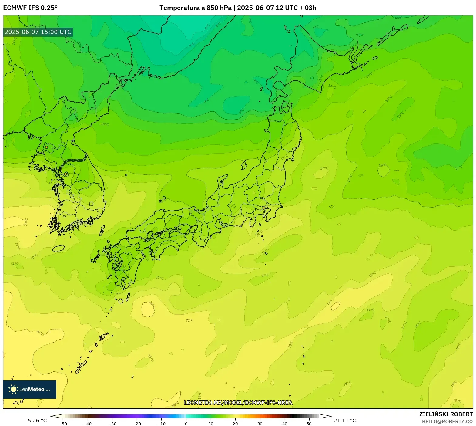 ECMWF IFS 0.25° model - Japón, Temperatura a 850 hPa ECMWF IFS 0.25° model - Japón, Temperatura a 850 hPa