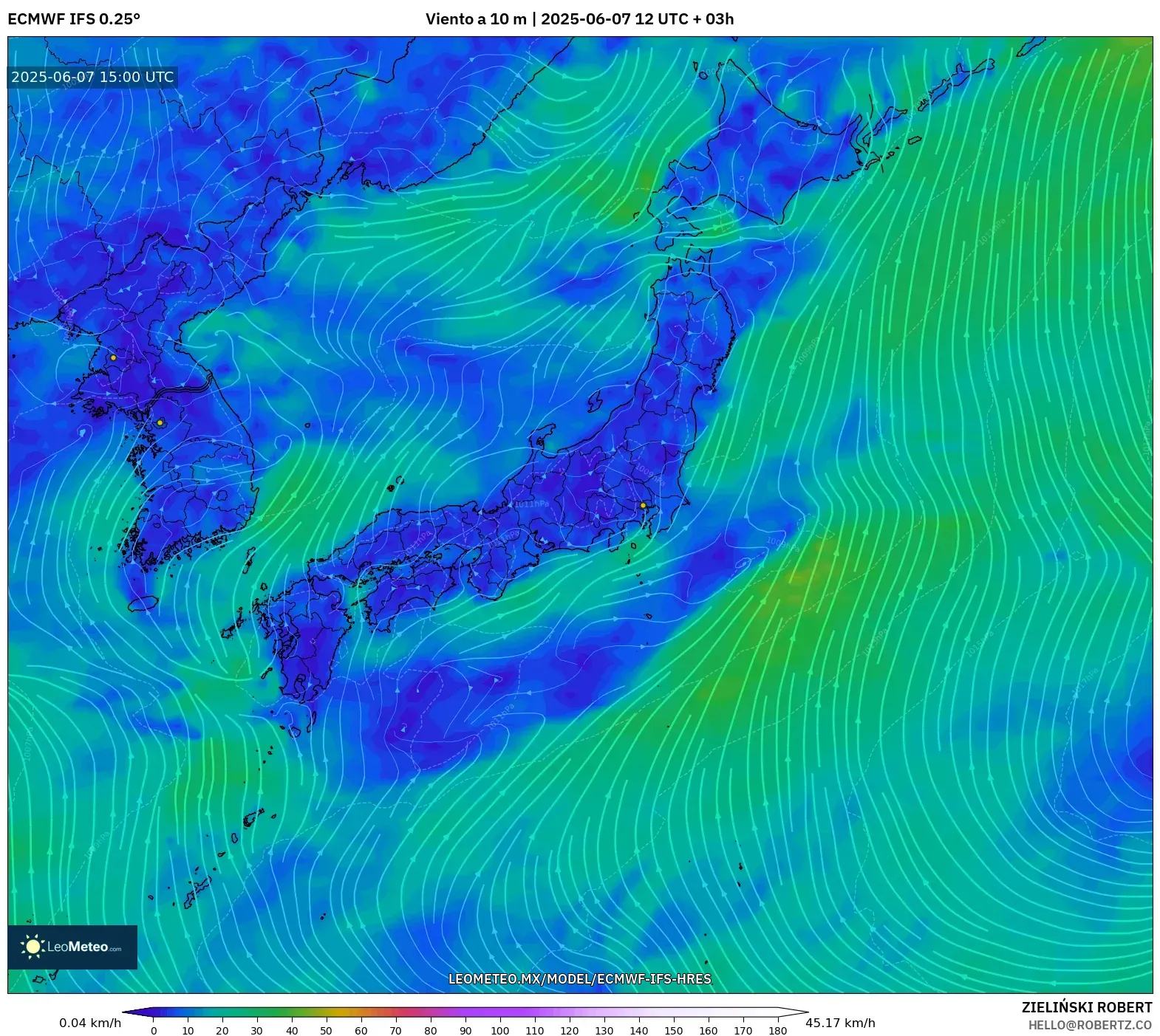 ECMWF IFS 0.25° model - Japón, Viento a 10 m ECMWF IFS 0.25° model - Japón, Viento a 10 m