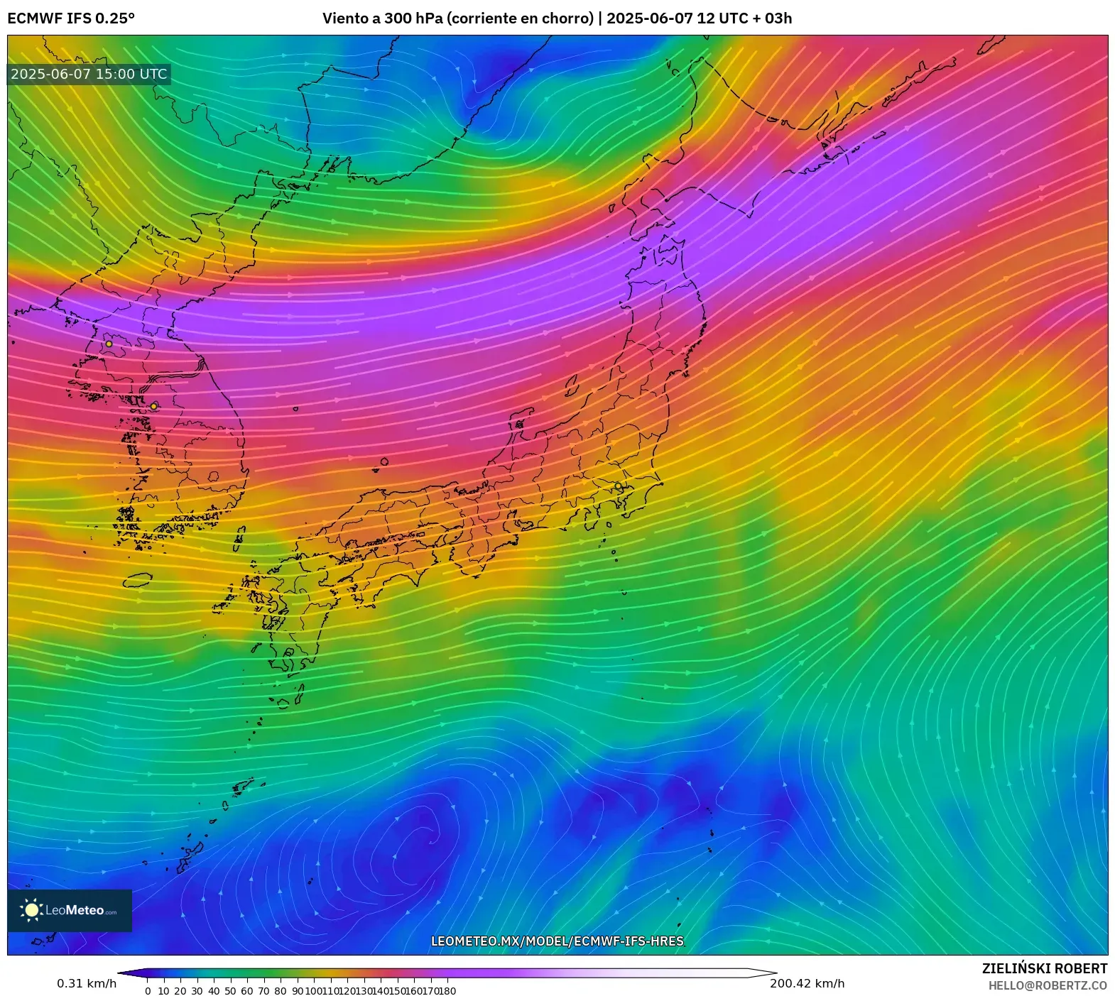 ECMWF IFS 0.25° model - Japón, Viento a 300 hPa (corriente en chorro) ECMWF IFS 0.25° model - Japón, Viento a 300 hPa (corriente en chorro)