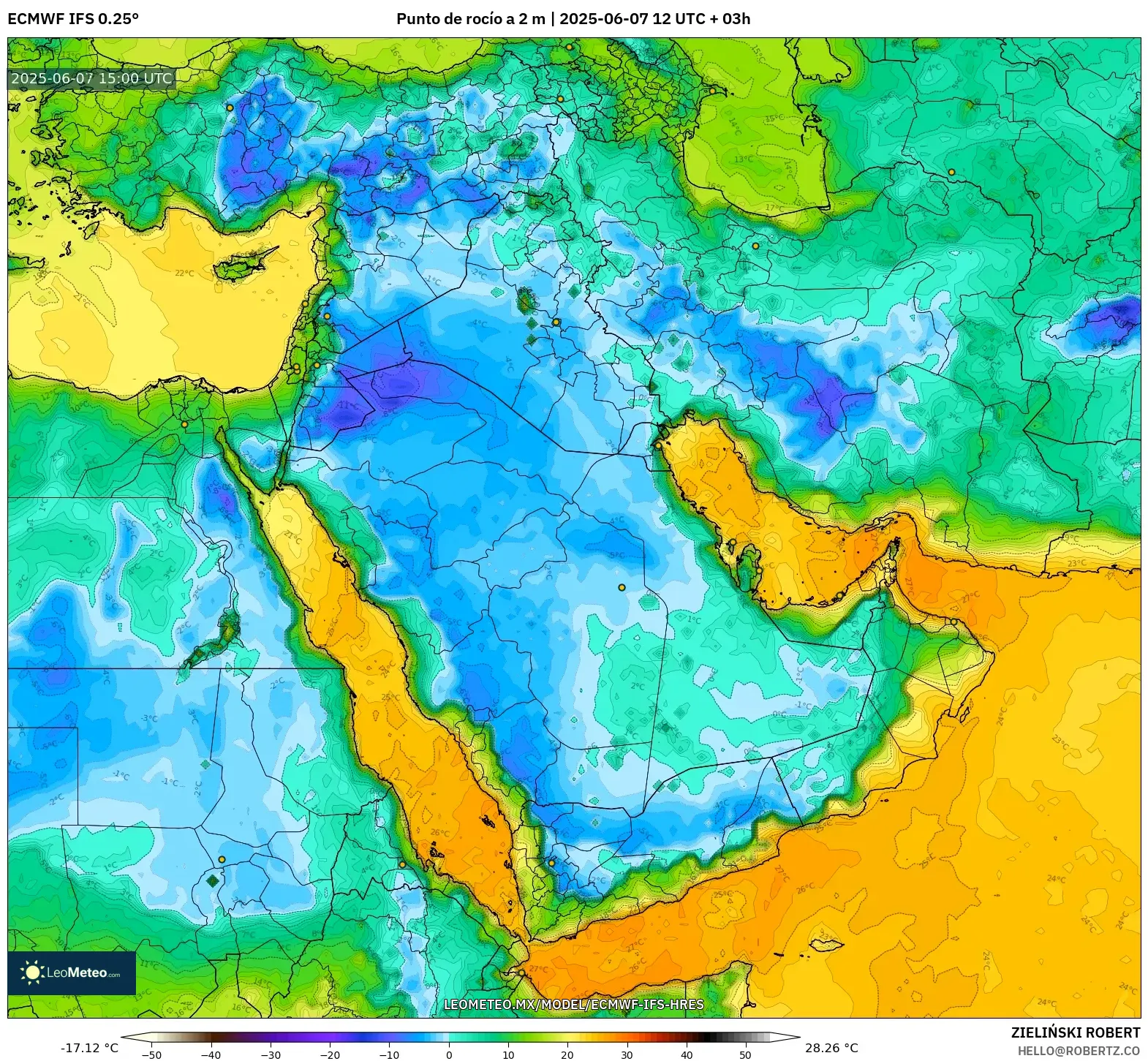 ECMWF IFS 0.25° model - Oriente Medio, Punto de rocío a 2 m