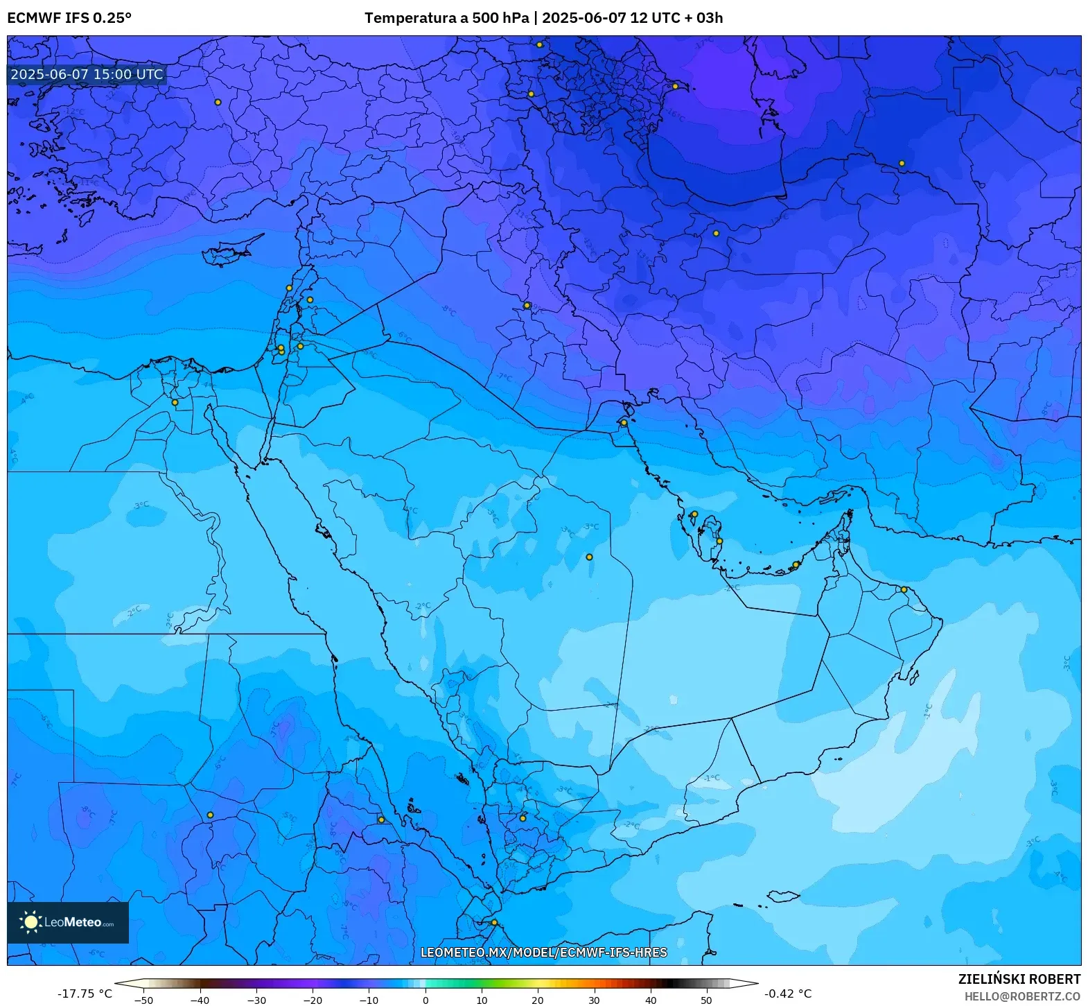 ECMWF IFS 0.25° model - Oriente Medio, Temperatura a 500 hPa