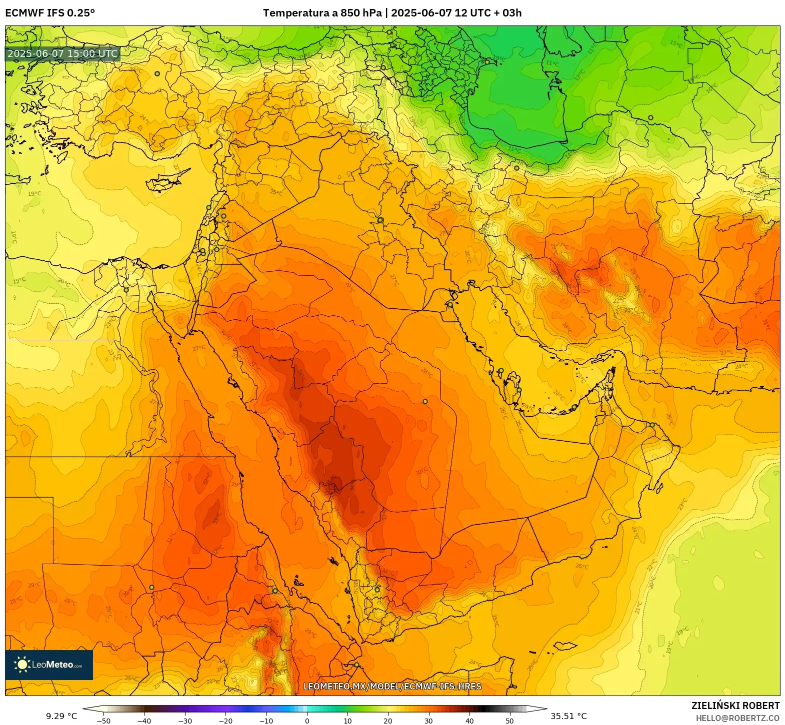 ECMWF IFS 0.25° model - Oriente Medio, Temperatura a 850 hPa ECMWF IFS 0.25° model - Oriente Medio, Temperatura a 850 hPa