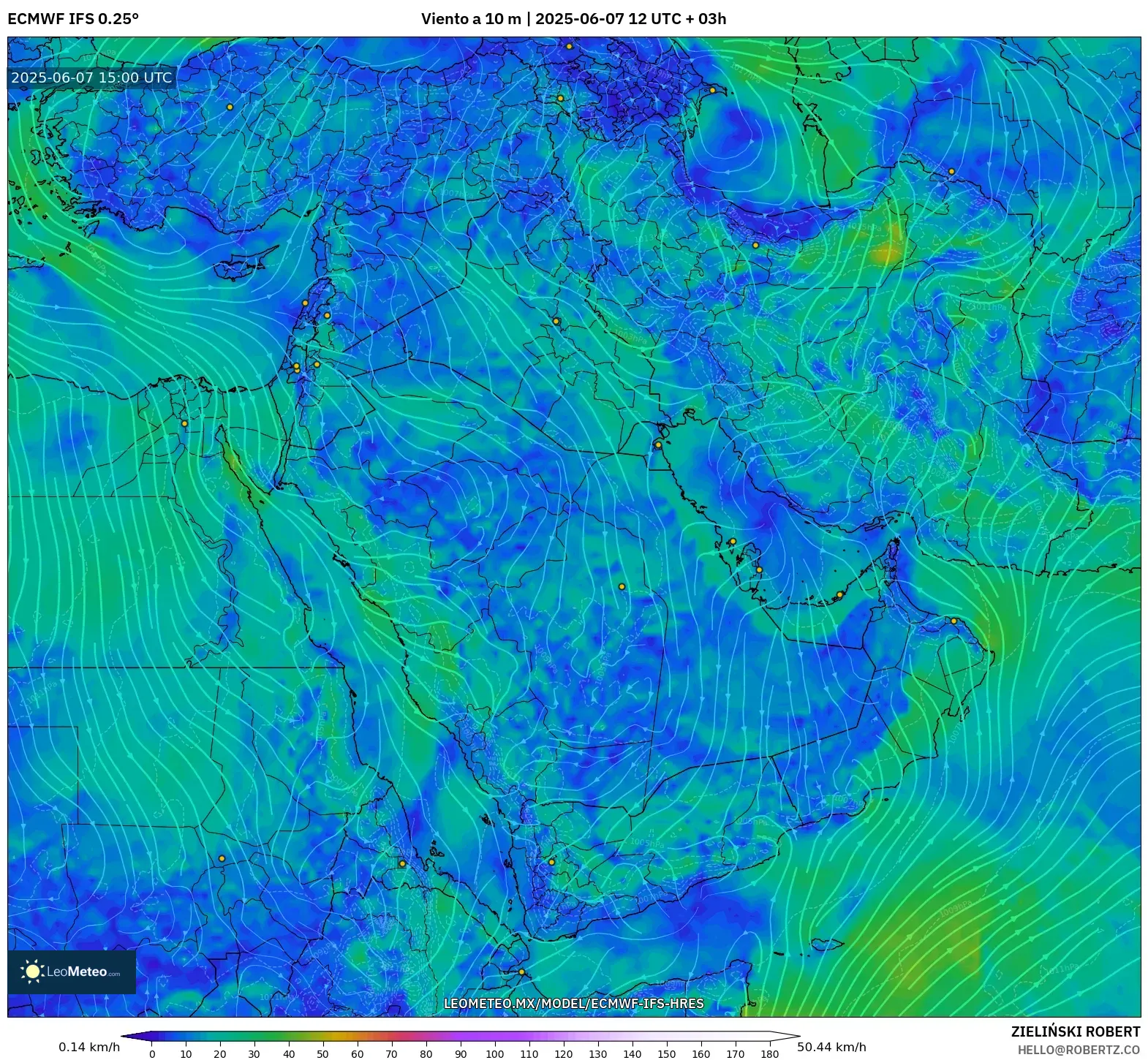ECMWF IFS 0.25° model - Oriente Medio, Viento a 10 m ECMWF IFS 0.25° model - Oriente Medio, Viento a 10 m