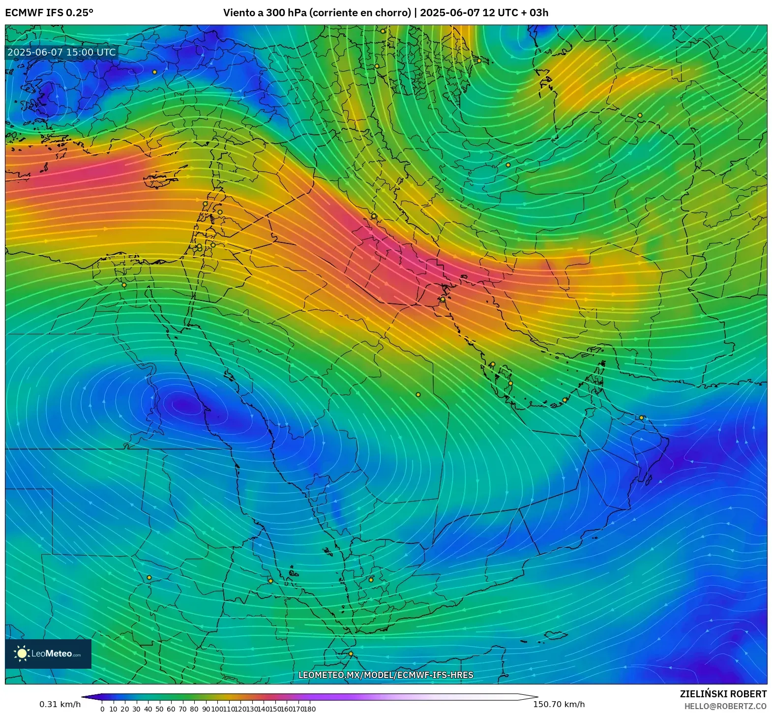 ECMWF IFS 0.25° model - Oriente Medio, Viento a 300 hPa (corriente en chorro) ECMWF IFS 0.25° model - Oriente Medio, Viento a 300 hPa (corriente en chorro)