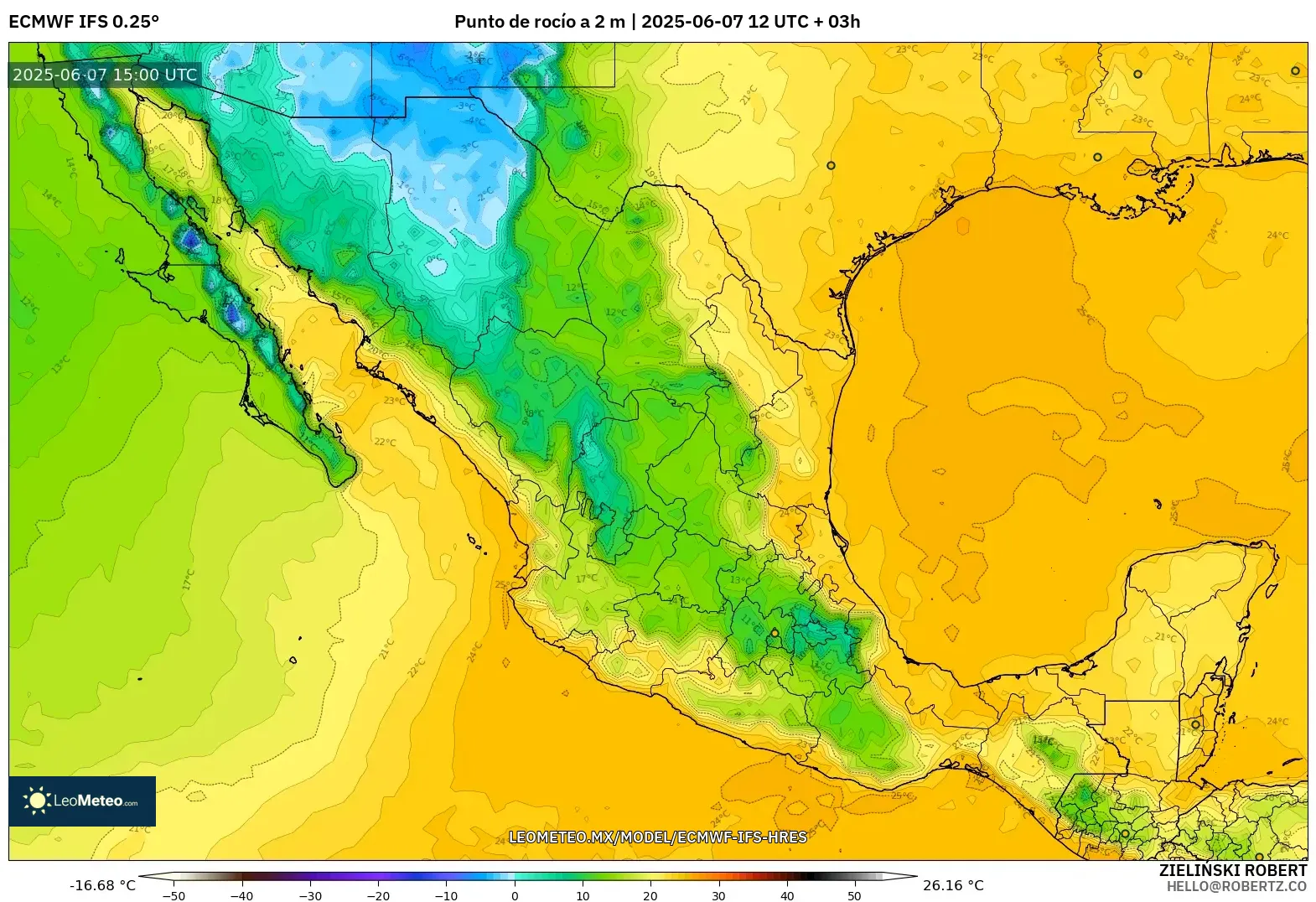 ECMWF IFS 0.25° model - México, Punto de rocío a 2 m ECMWF IFS 0.25° model - México, Punto de rocío a 2 m