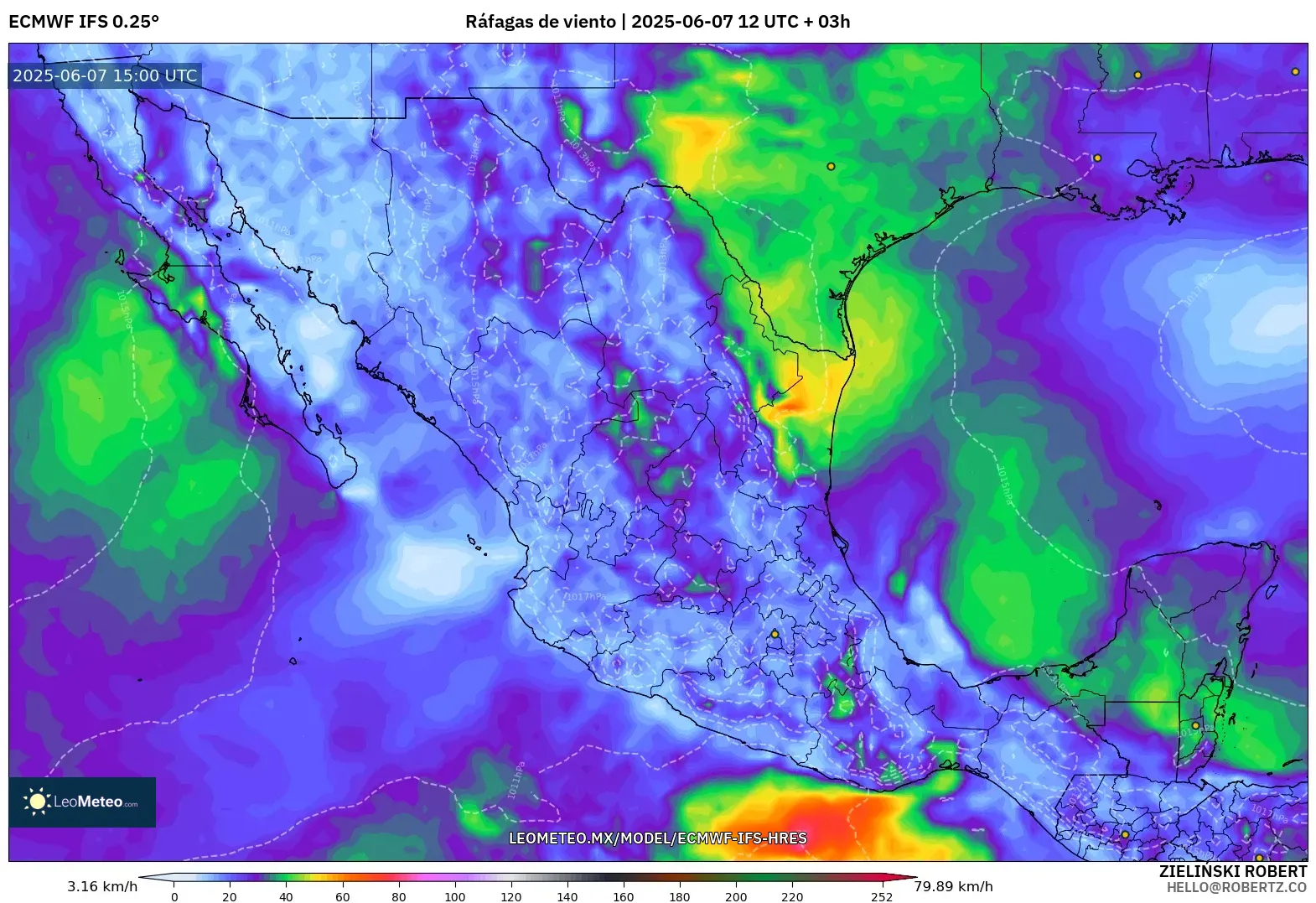 ECMWF IFS 0.25° model - México, Ráfagas de viento ECMWF IFS 0.25° model - México, Ráfagas de viento