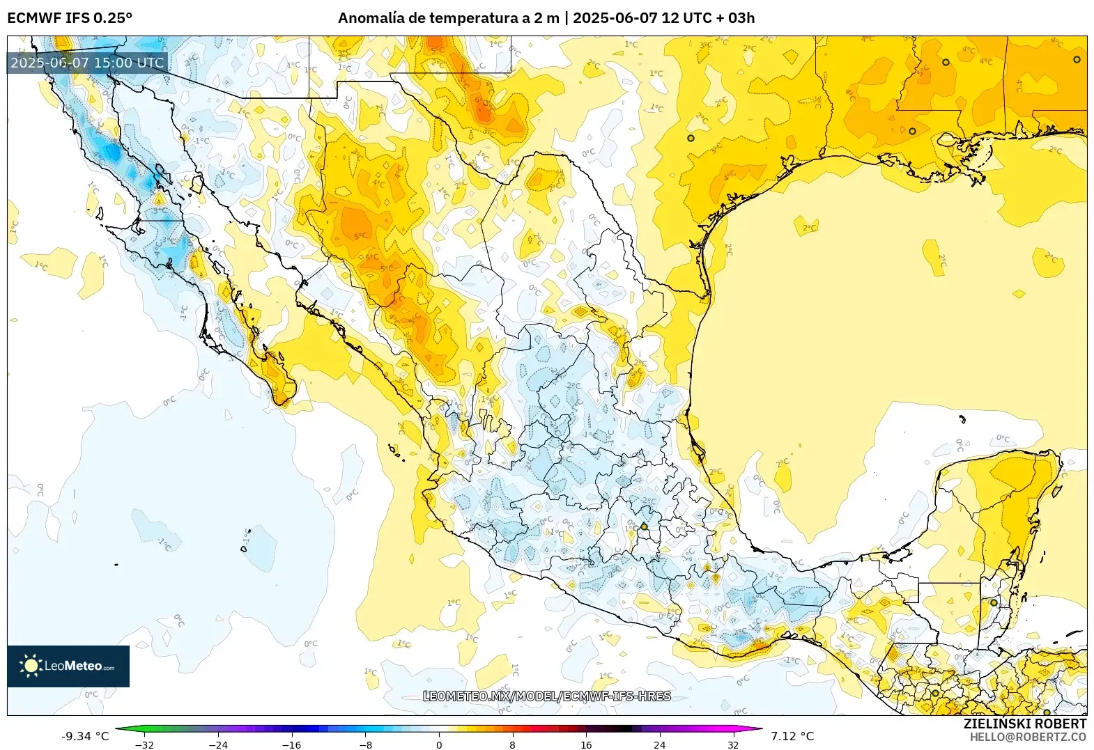 ECMWF IFS 0.25° model - México, Anomalía de temperatura a 2 m