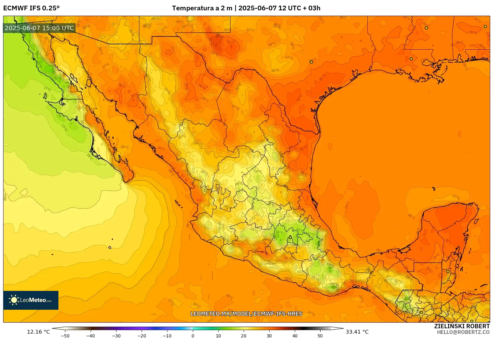 ECMWF IFS 0.25° model - México, Temperatura a 2 m