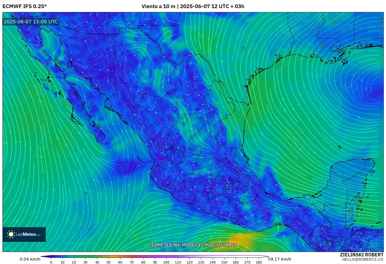 ECMWF IFS 0.25° model - México, Viento a 10 m ECMWF IFS 0.25° model - México, Viento a 10 m