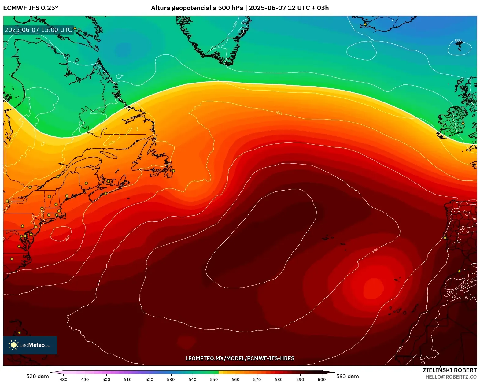 ECMWF IFS 0.25° model - Norte Atlántico, Altura geopotencial a 500 hPa ECMWF IFS 0.25° model - Norte Atlántico, Altura geopotencial a 500 hPa
