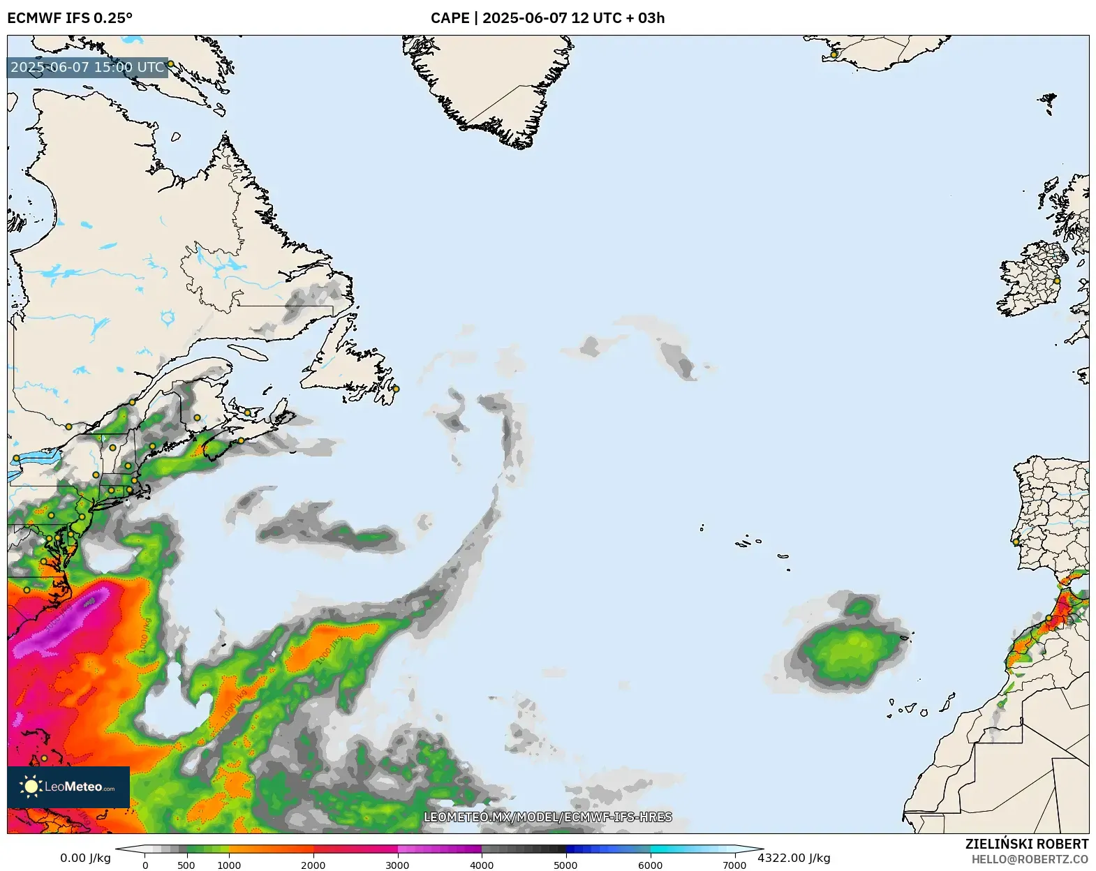ECMWF IFS 0.25° model - Norte Atlántico, CAPE