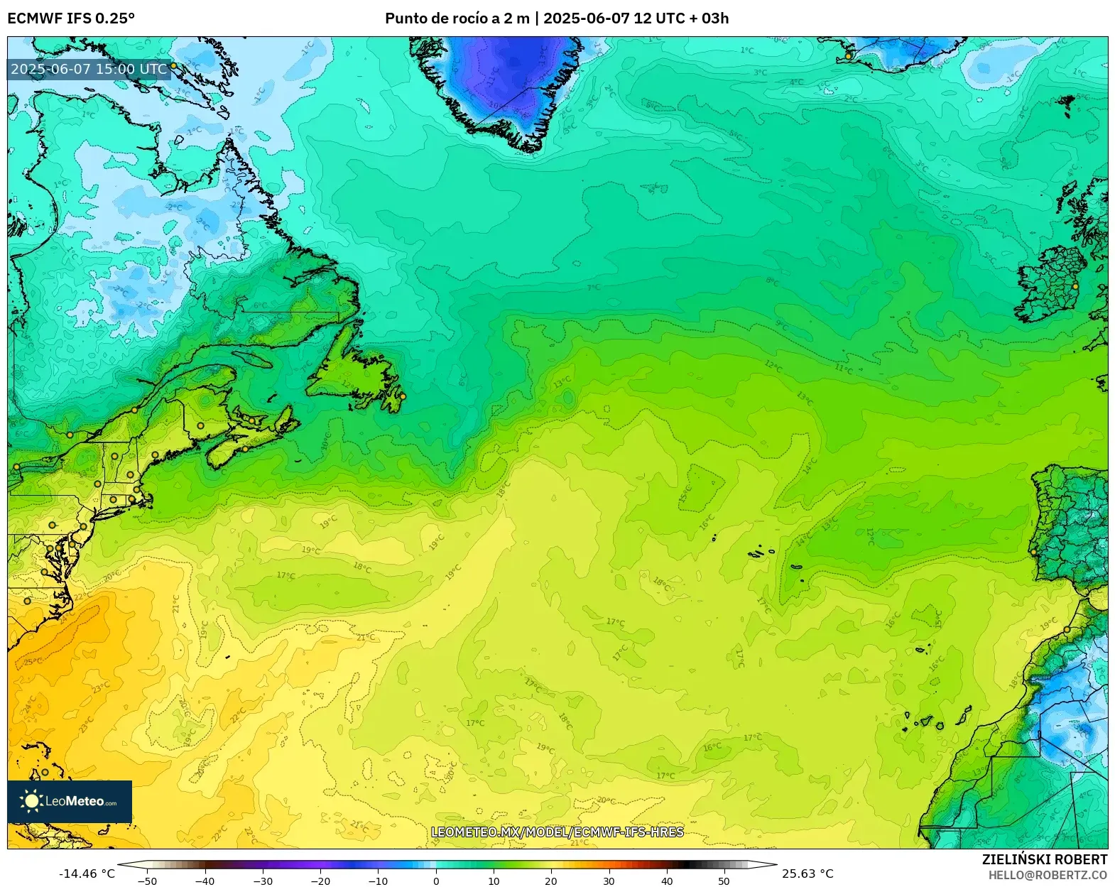ECMWF IFS 0.25° model - Norte Atlántico, Punto de rocío a 2 m ECMWF IFS 0.25° model - Norte Atlántico, Punto de rocío a 2 m