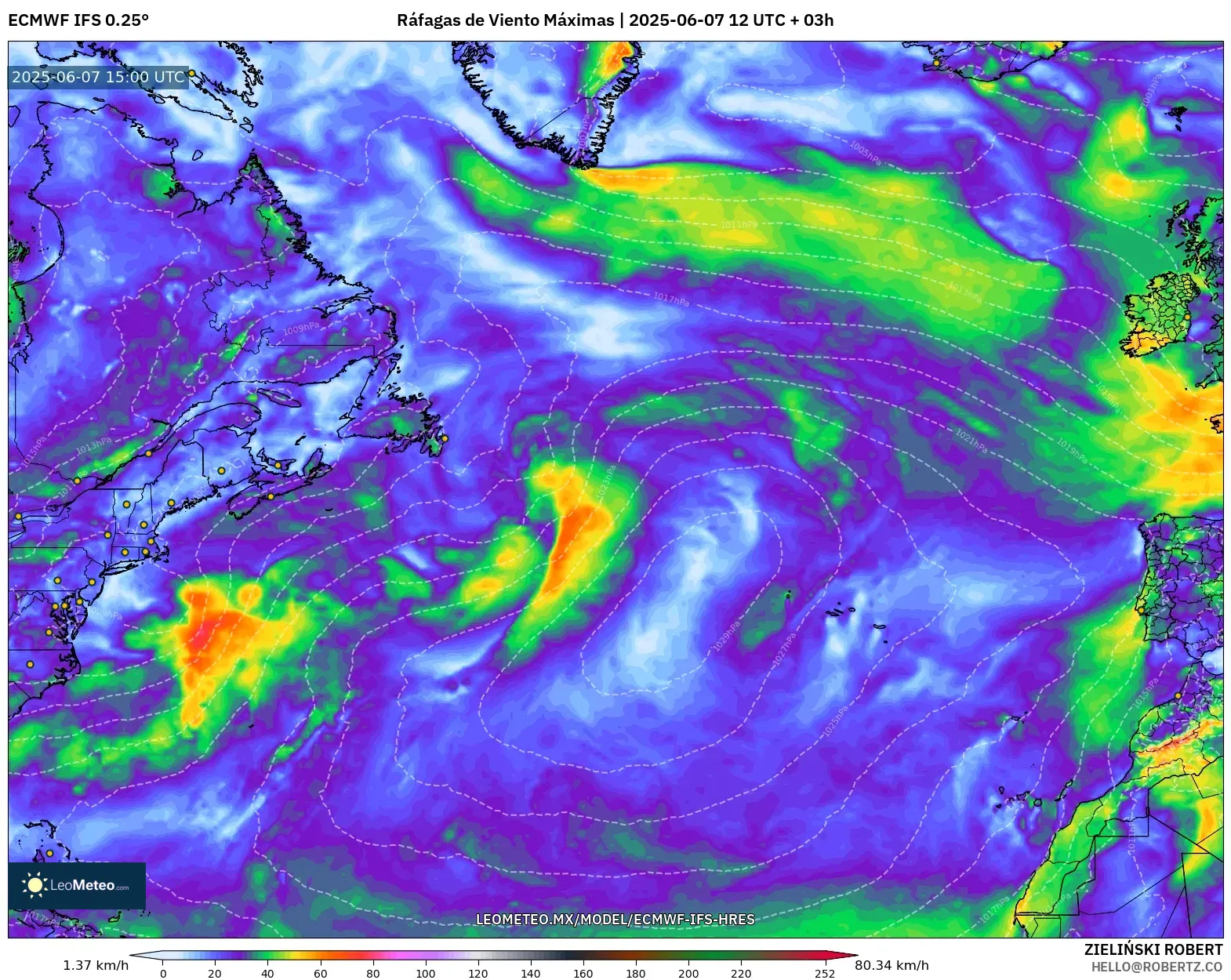 ECMWF IFS 0.25° model - Norte Atlántico, Ráfagas de Viento Máximas ECMWF IFS 0.25° model - Norte Atlántico, Ráfagas de Viento Máximas