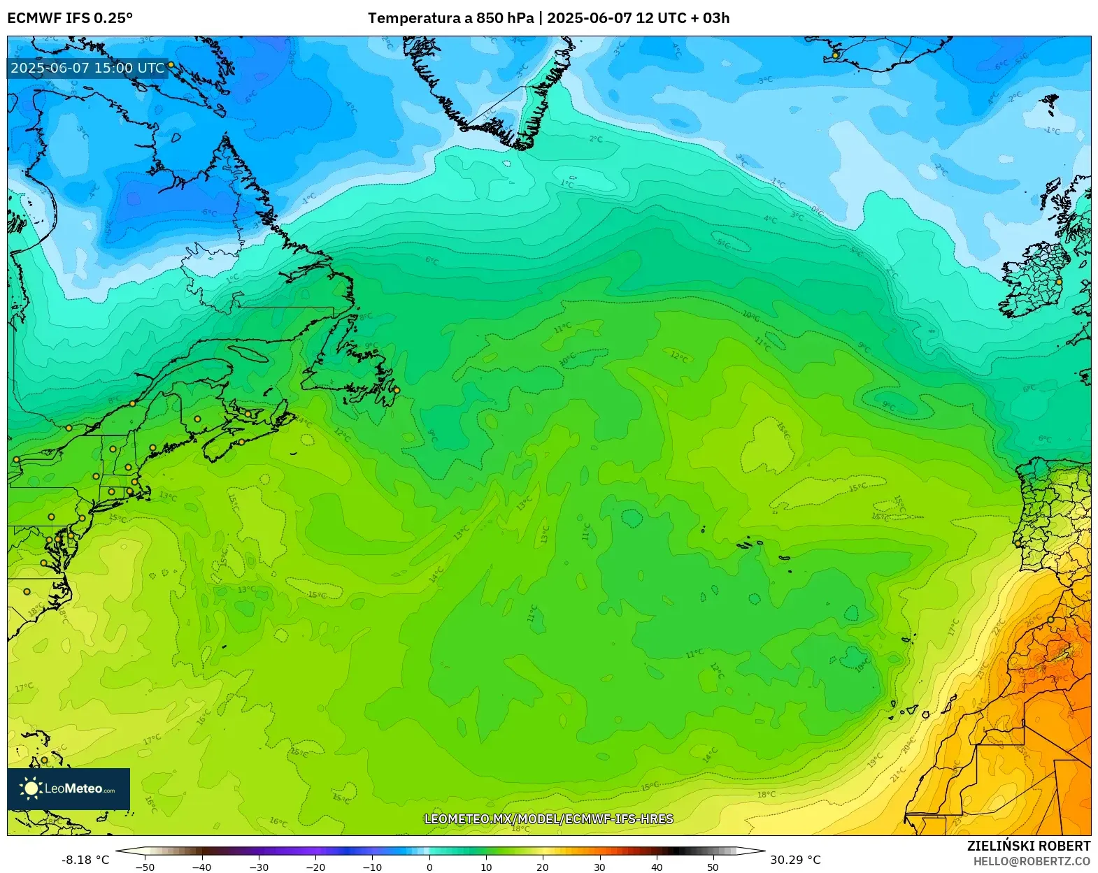 ECMWF IFS 0.25° model - Norte Atlántico, Temperatura a 850 hPa ECMWF IFS 0.25° model - Norte Atlántico, Temperatura a 850 hPa