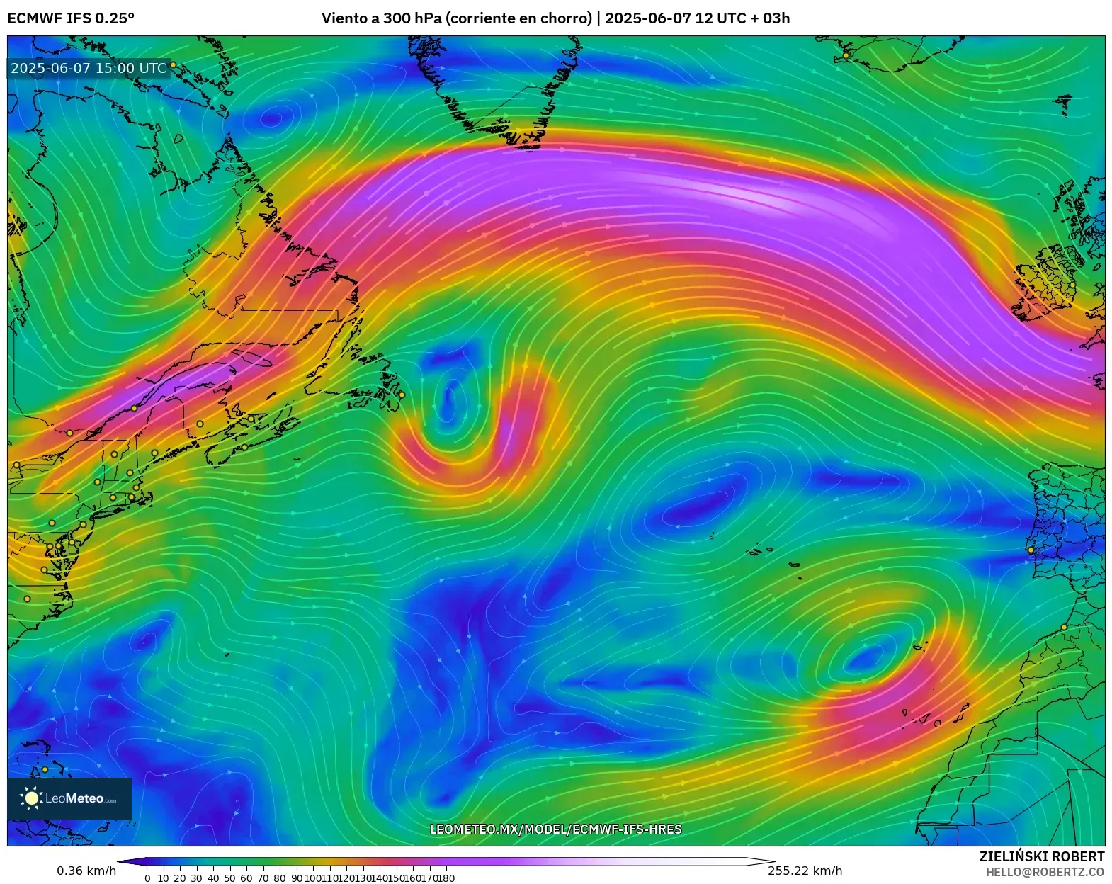 ECMWF IFS 0.25° model - Norte Atlántico, Viento a 300 hPa (corriente en chorro) ECMWF IFS 0.25° model - Norte Atlántico, Viento a 300 hPa (corriente en chorro)