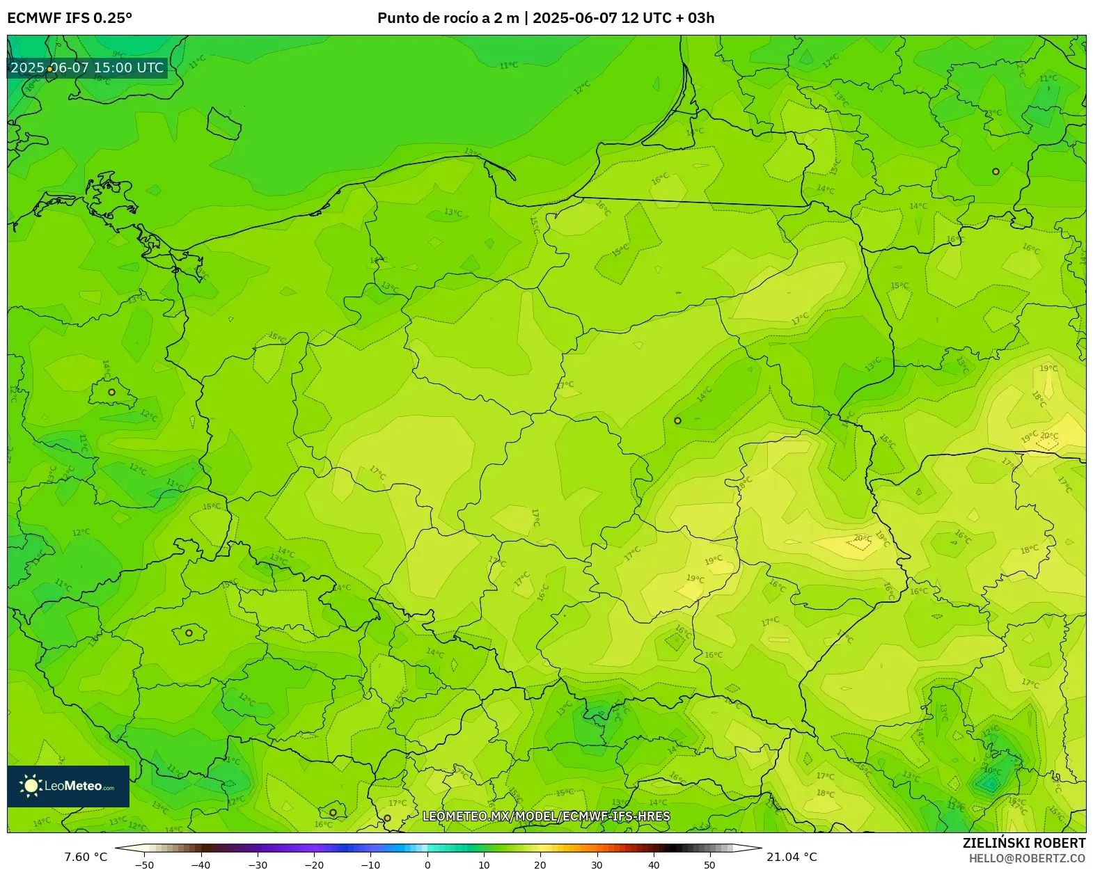 ECMWF IFS 0.25° model - Polonia, Punto de rocío a 2 m ECMWF IFS 0.25° model - Polonia, Punto de rocío a 2 m